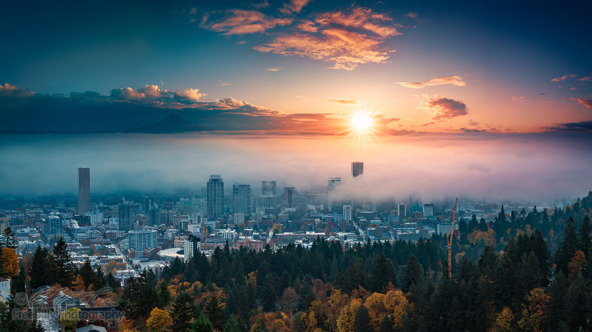 A photograph of Portland downtown with rolling fog and autumn foliage in shining sunrise and colorful clouds