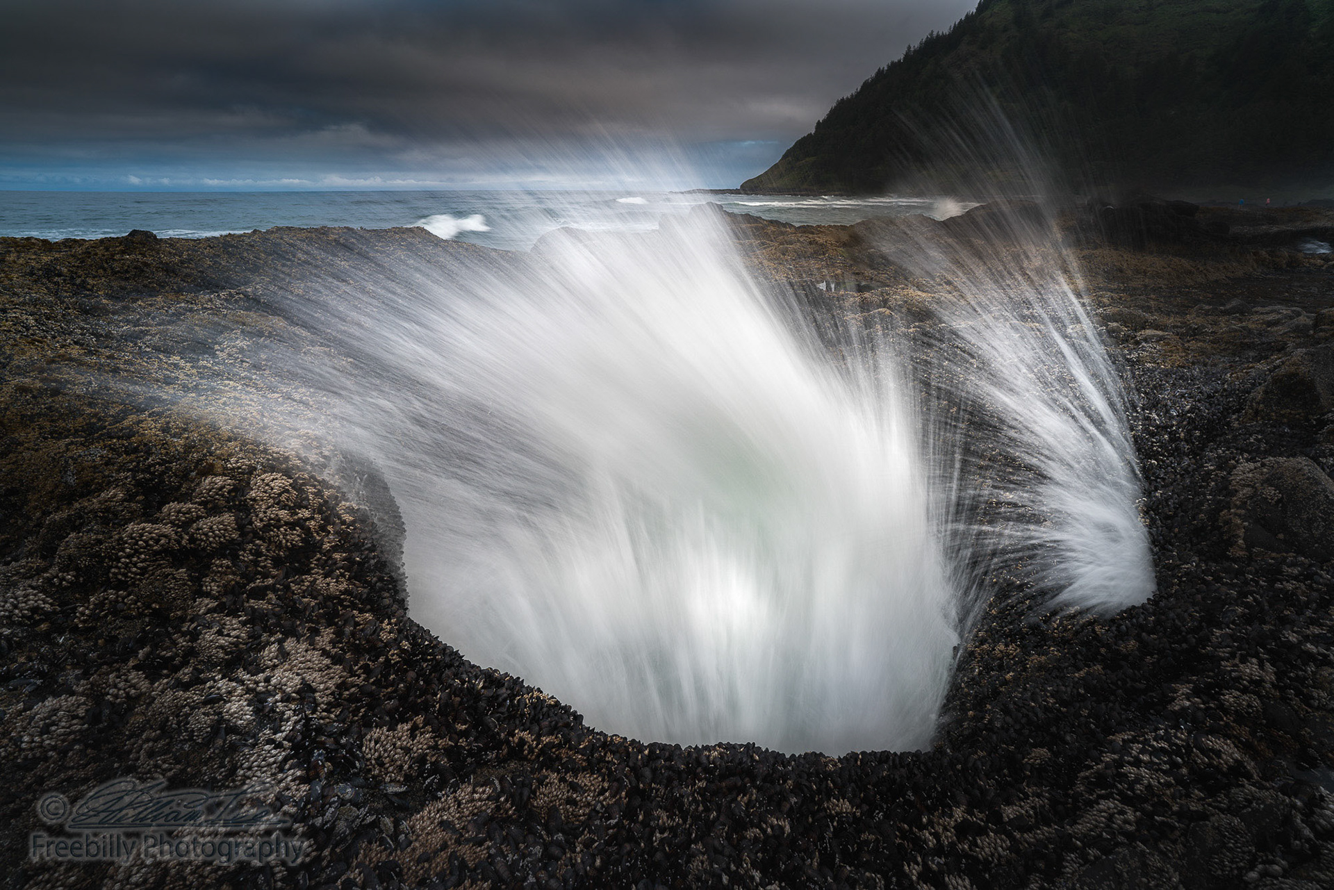 Thor's Well is a bowl-shaped hole carved out of the rough basalt shoreline. According to Gary Hayes, publisher of Coast Explorer Magazine, the feature likely started out as a sea cave dug out by the waves before the roof eventually collapsed, leaving openings at the top and bottom through which the ocean surges and sprays.