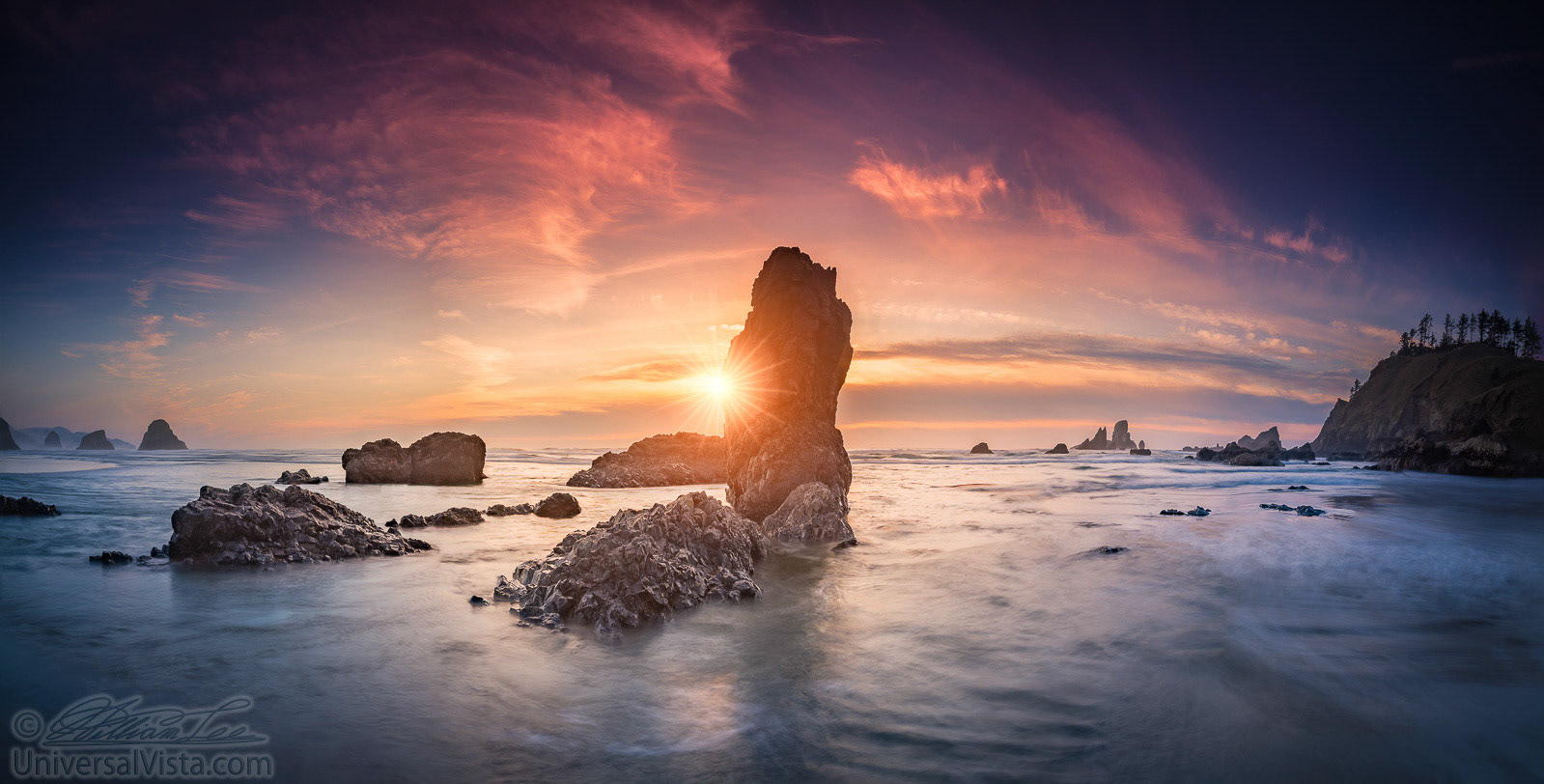 This is a high resolution panorama photo of beach sunset at Ecola State park of Oregon, USA