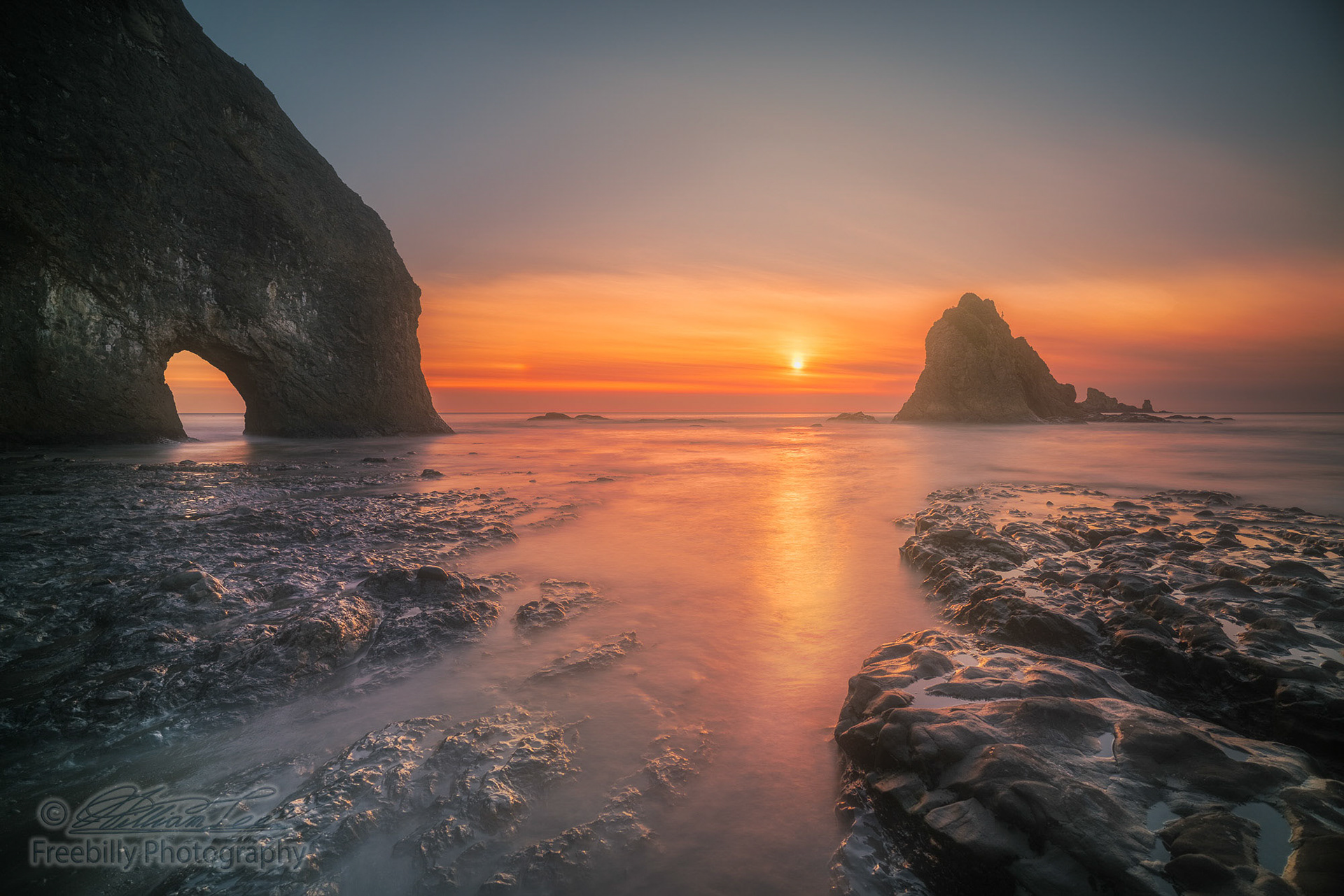 A wide angle photograph of a winter sunset at coastal Olympic National Park