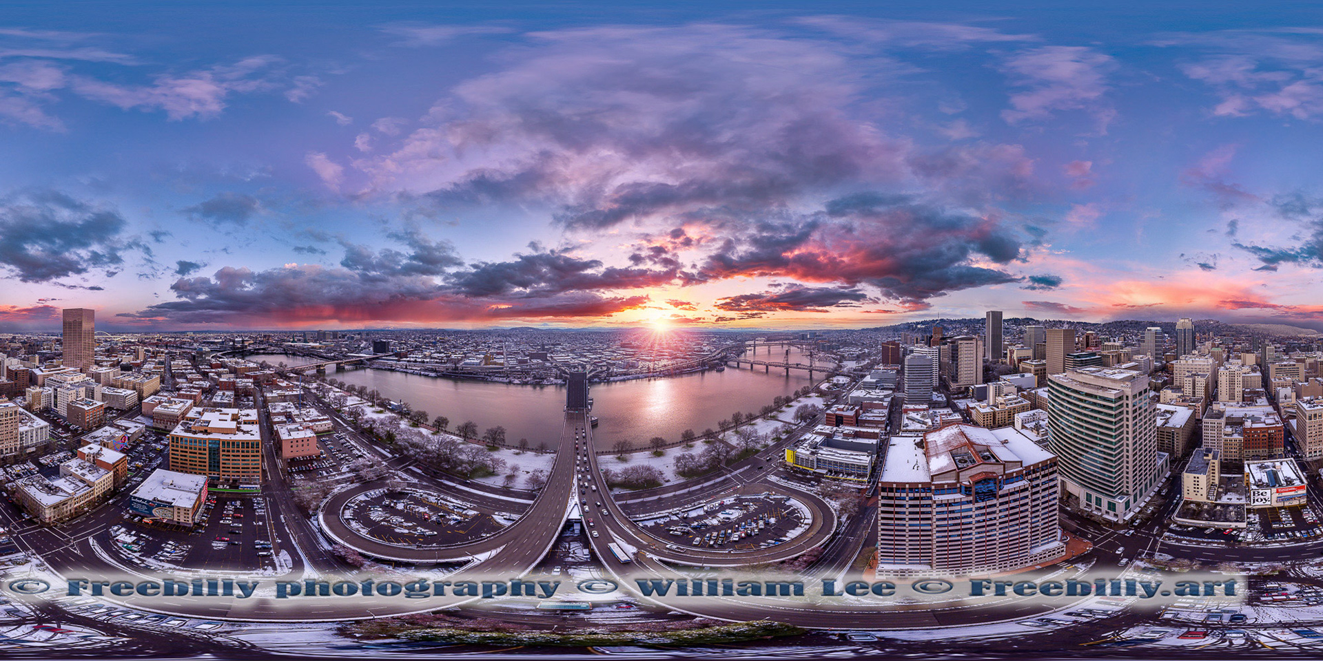 This is a full 360x180 panorama of snowy Portland downtown at dawn.