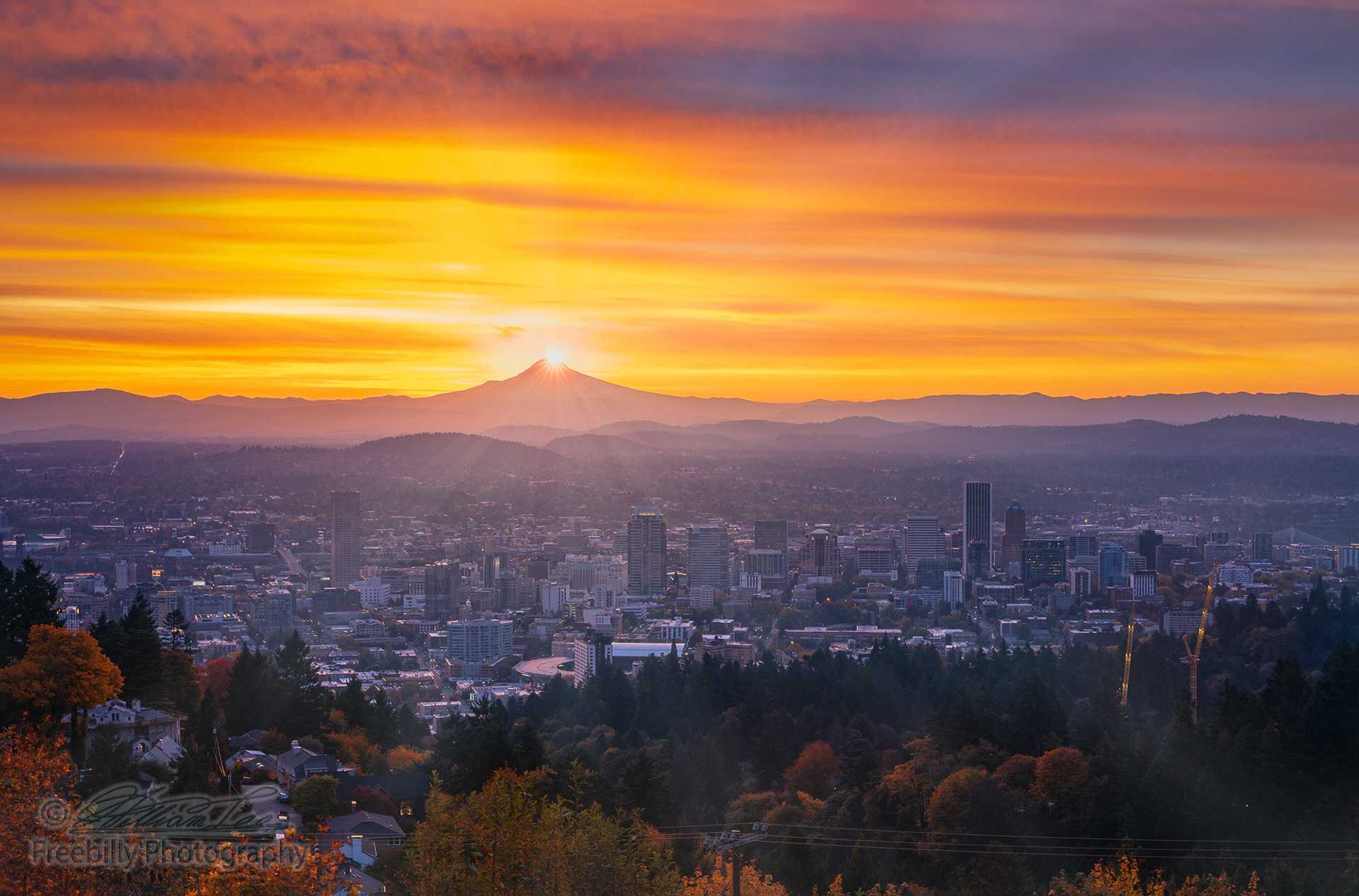 photograph of Portland downtown with  autumn foliage in thin fog, shining sunrise and colorful clouds above Mt Hood