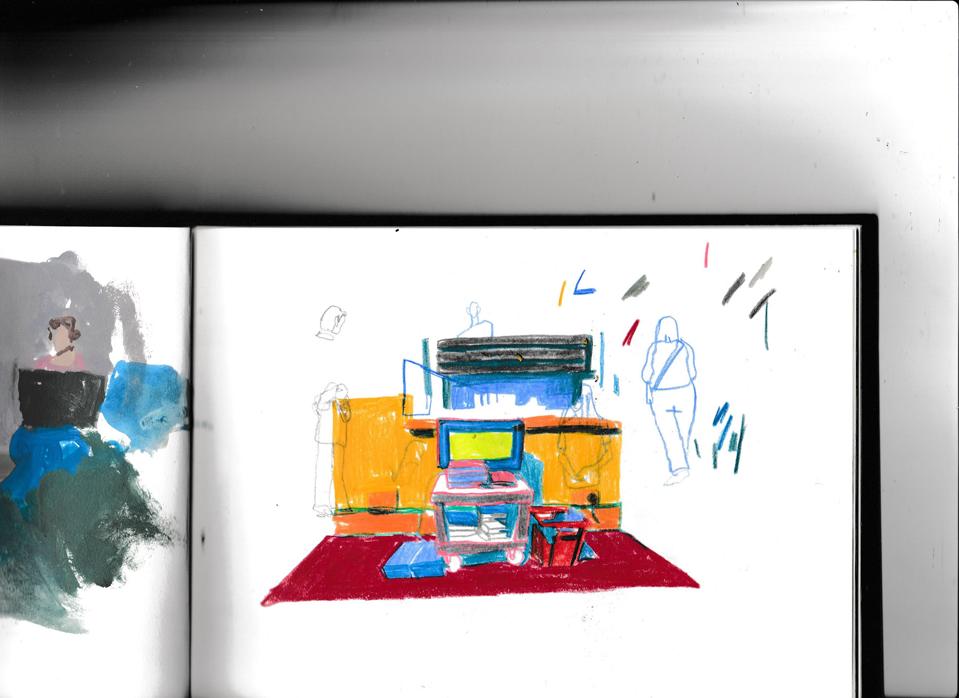 A drawing of my living room in coloured pencil