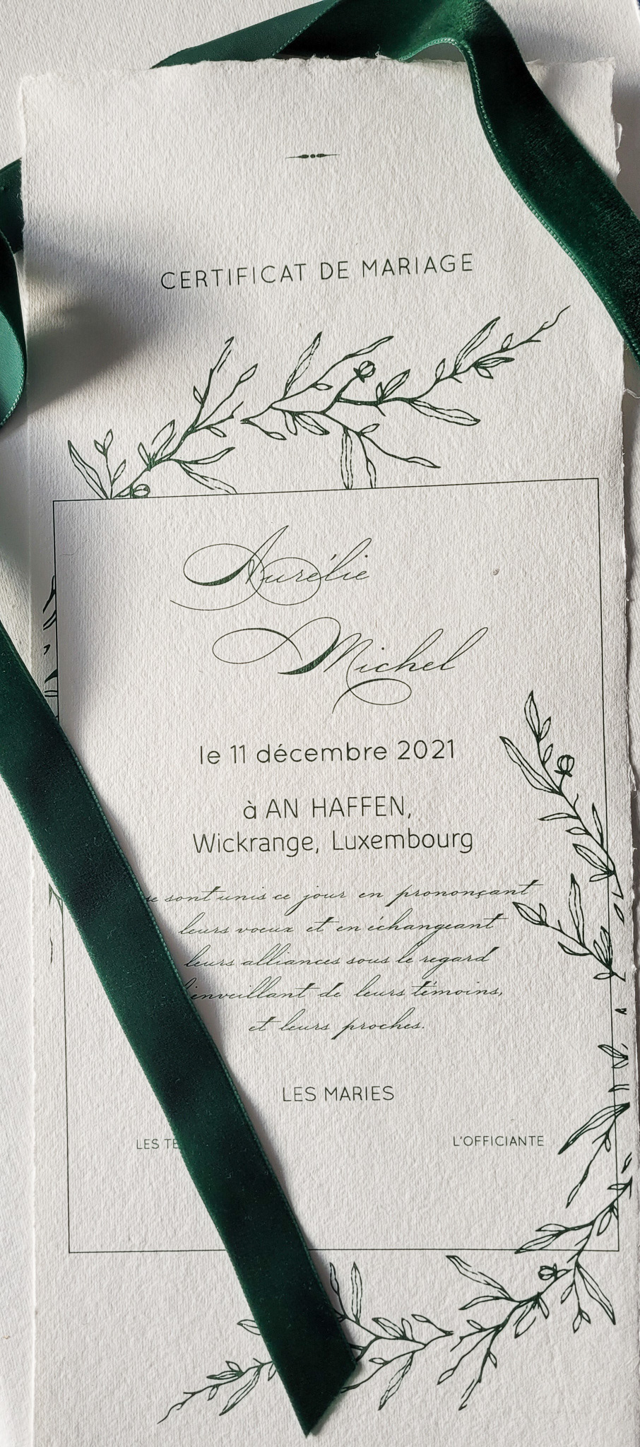 certificat de mariage / papier pur coton fait main