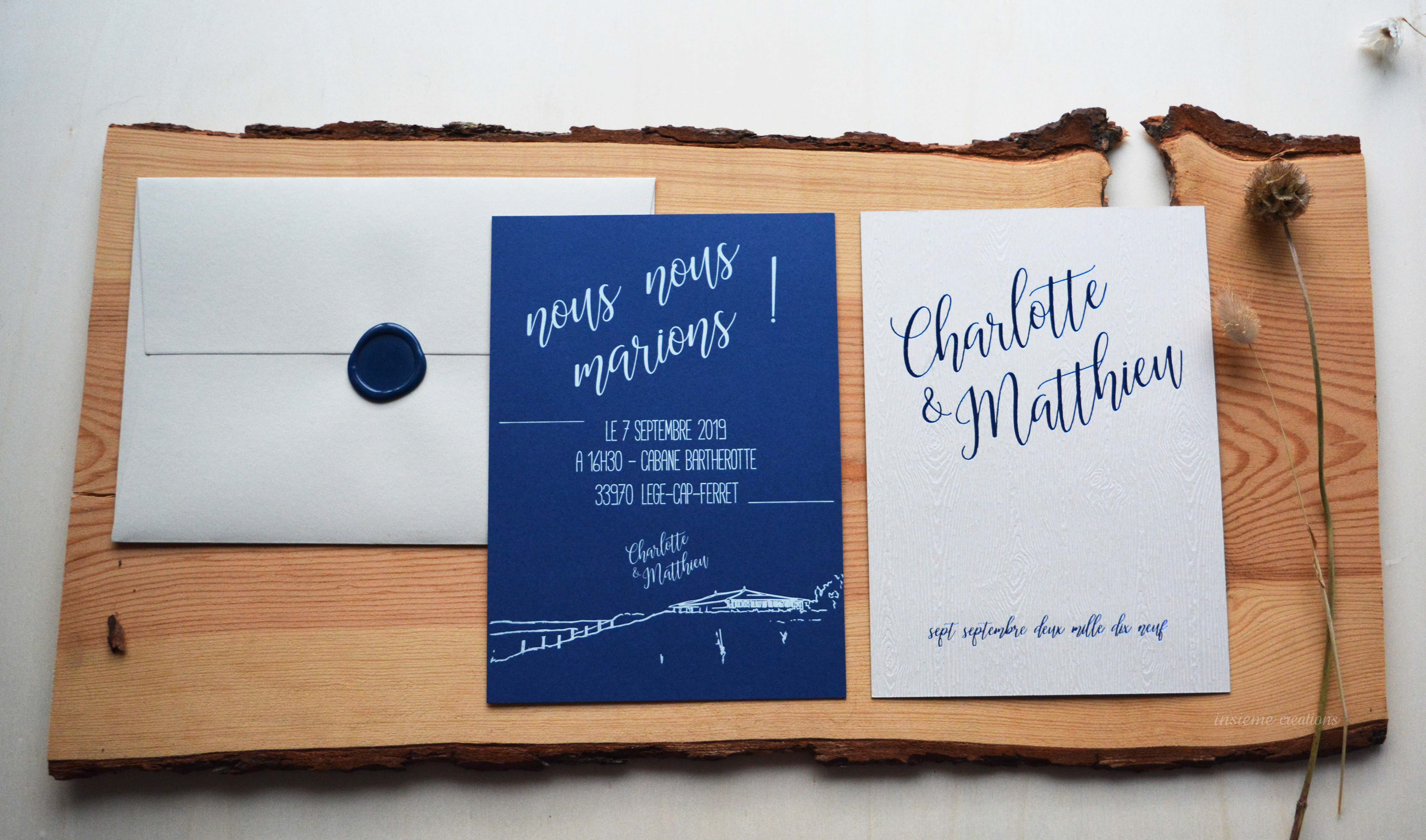 FAIRE PART DE MARIAGE SUR LE THEME E DU CAP FERRET, DE LA GRANDE CABANE BARTHEROTTE