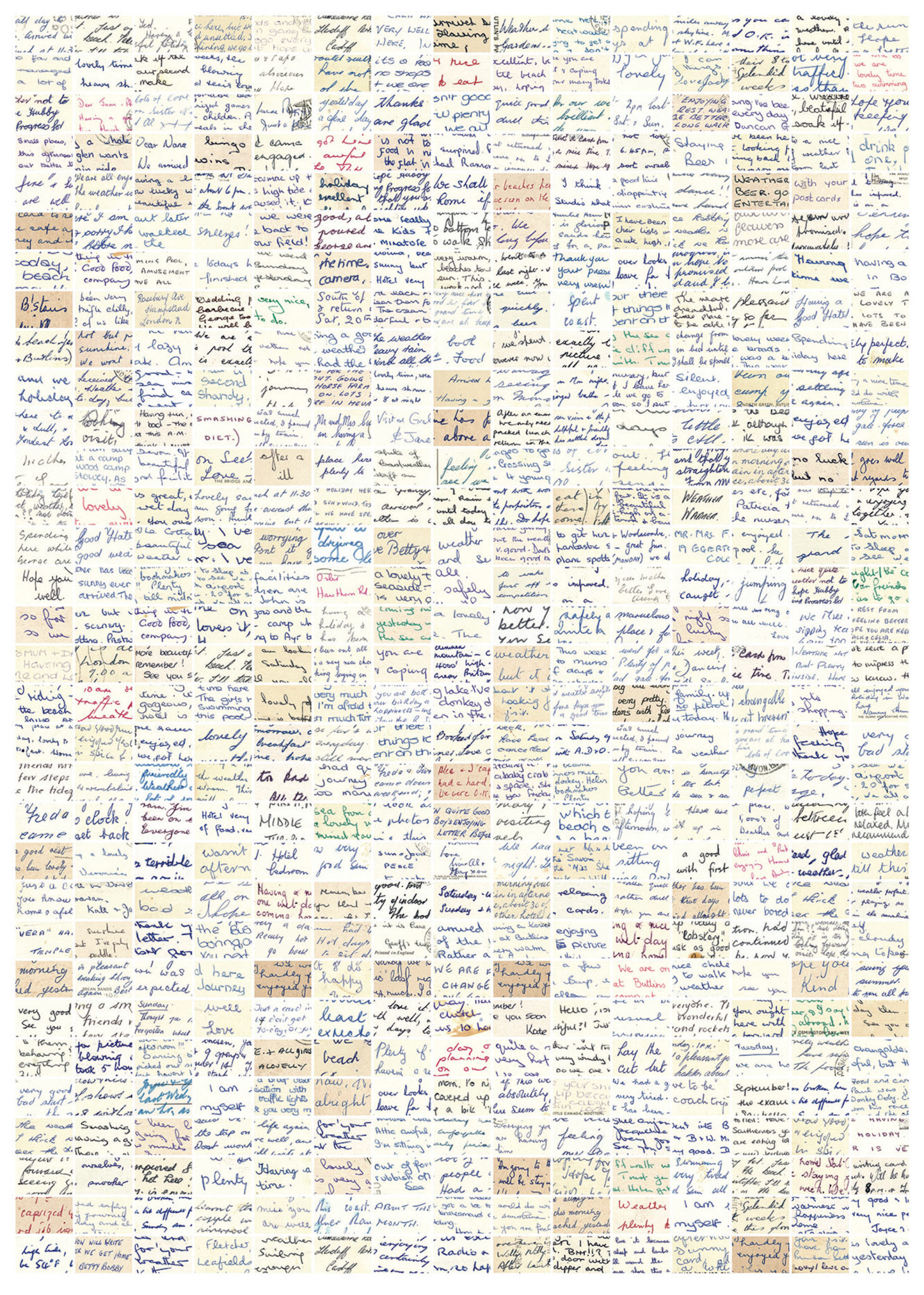 Having A Lovely Time II (480 postcards). Mixed Media on Arches Aquarelle rag. 105 x 75 cm