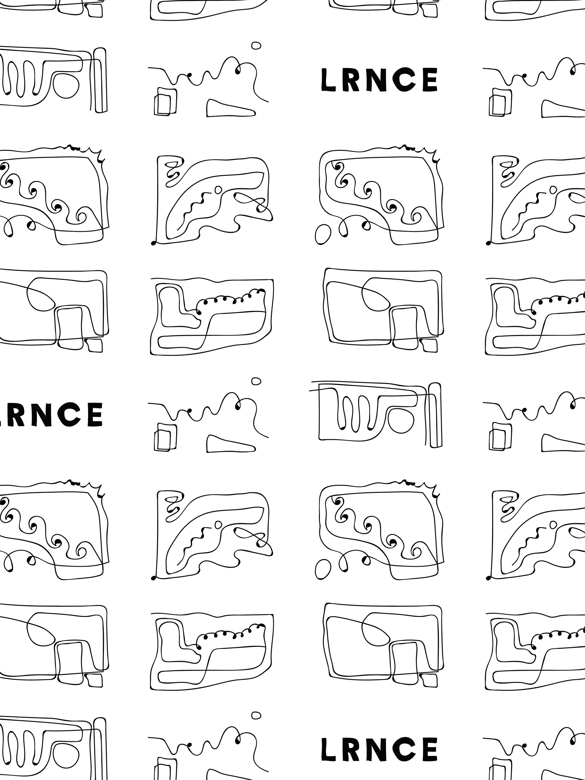 Research sketches for a wrapping paper, with abstract drawings inspired by the creator’s paintings