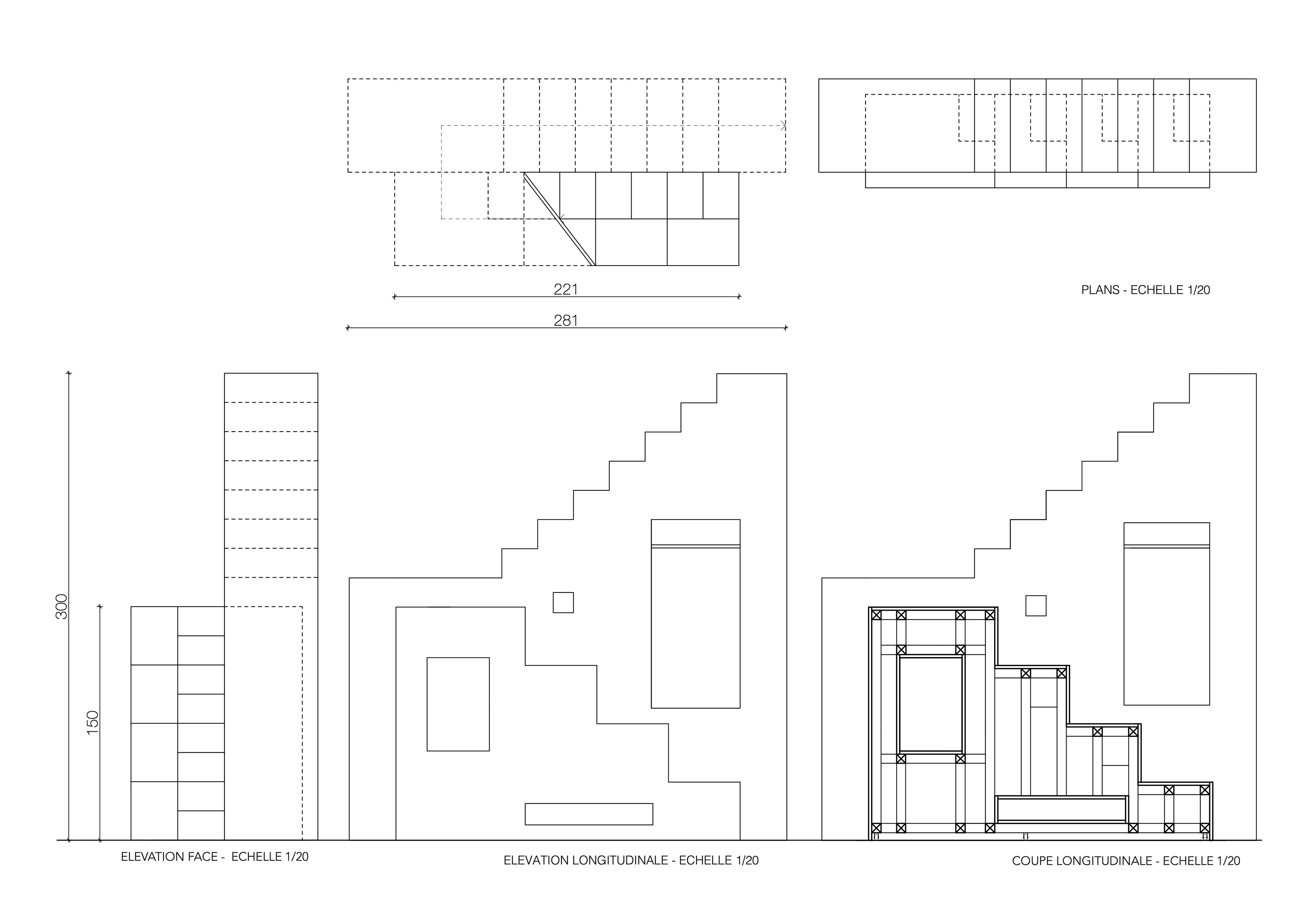 Plan, elevation and section of the staircase