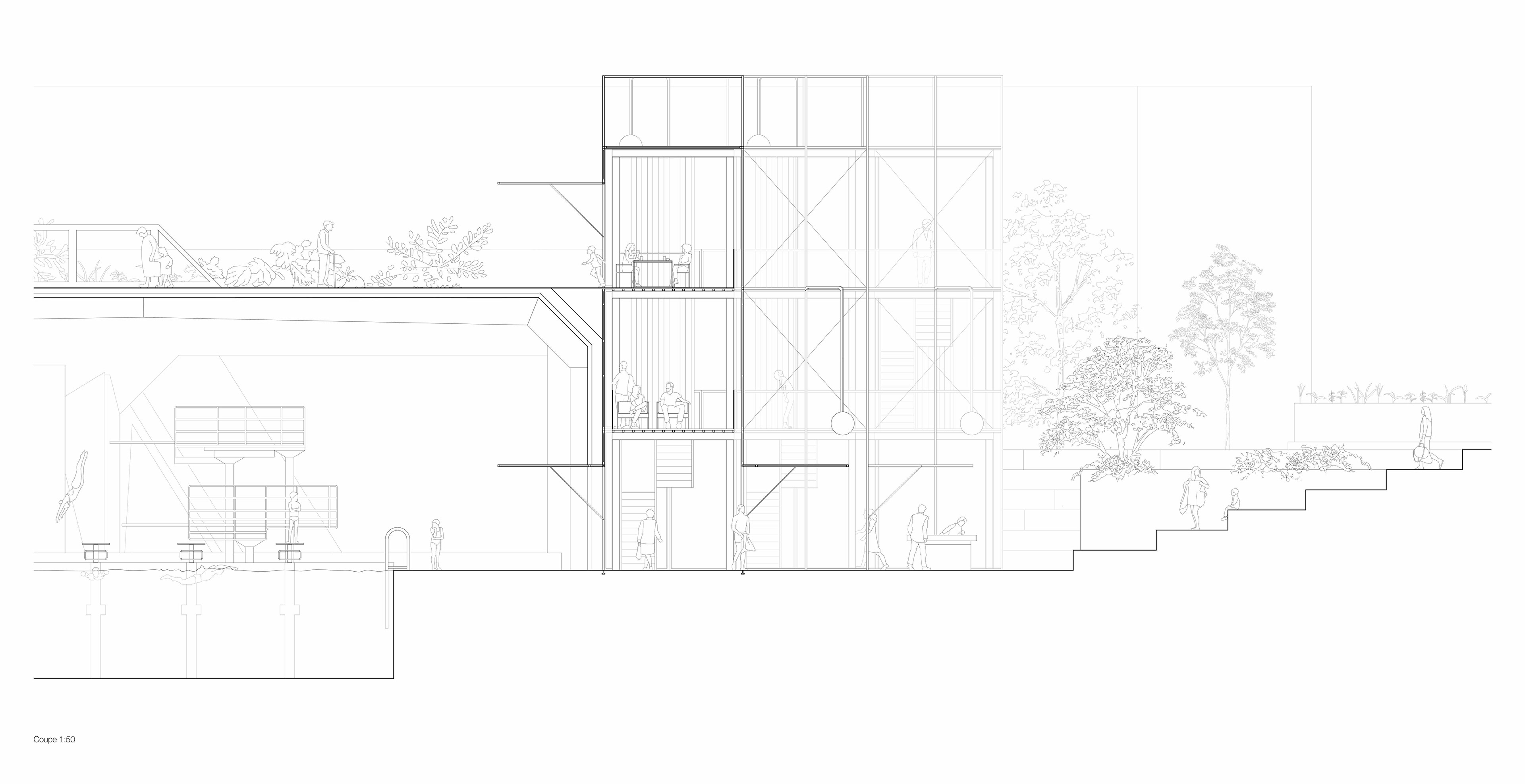 Section from the interior to the exterior of the pool