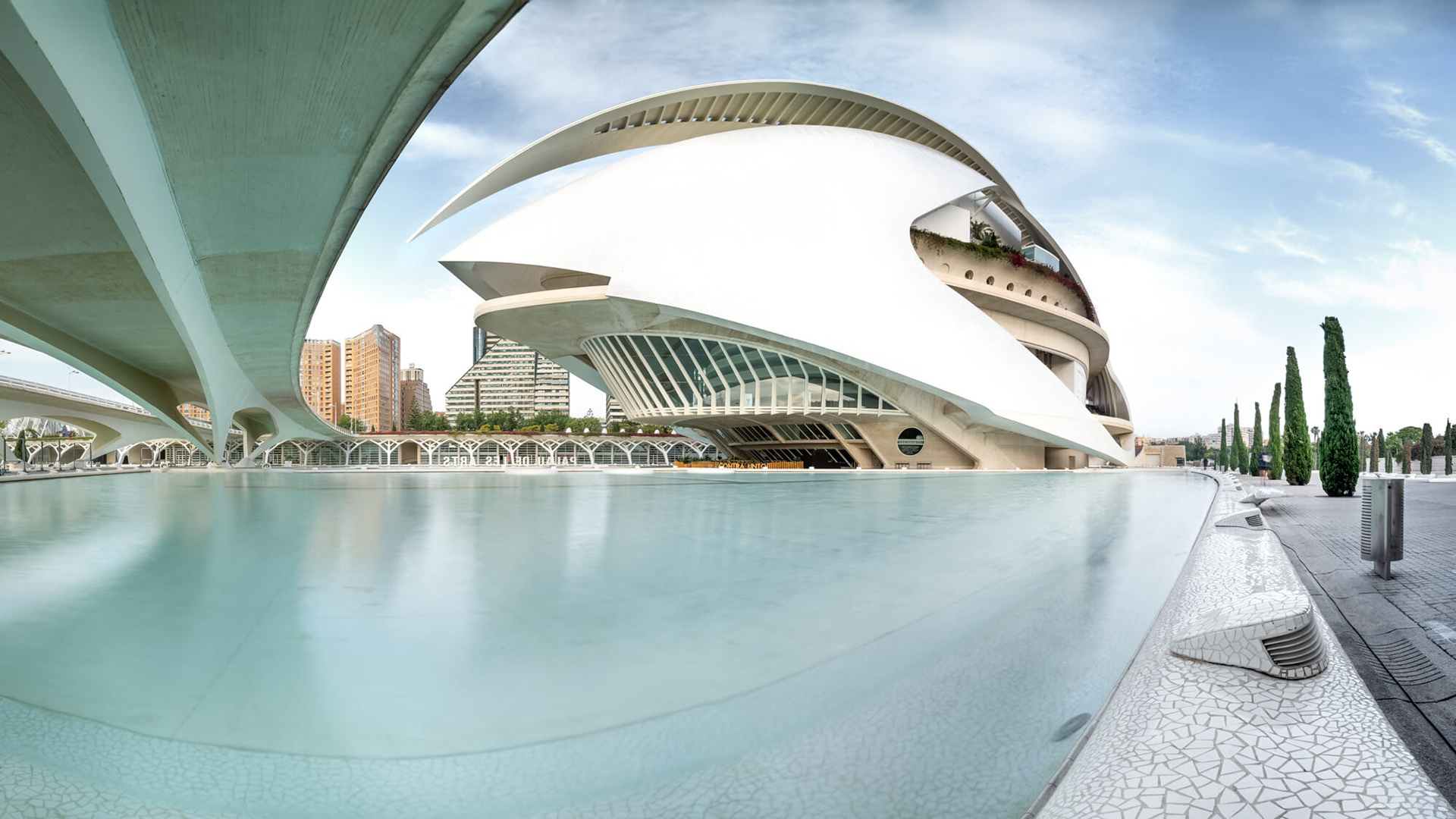 Künstlerische Architekturfotografie der Ciudad da las Artes y las Ciencias (Valencia, ES). Architekt: Santiago Calatrava. Fotografiert als freies Projekt von Philipp Eigner, Architekturfotograf für Hamburg, Bremen oder wo Sie mich brauchen.