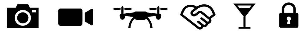 Pictogramme, die für mein Angebot als Veranstaltungsfotograf stehen: Fotokamera, Videokamera, Drohne, Handschlag (Verlässlichkeit), Cocktailglas (gehobenes Ambiente), Schloss (Data-Security)