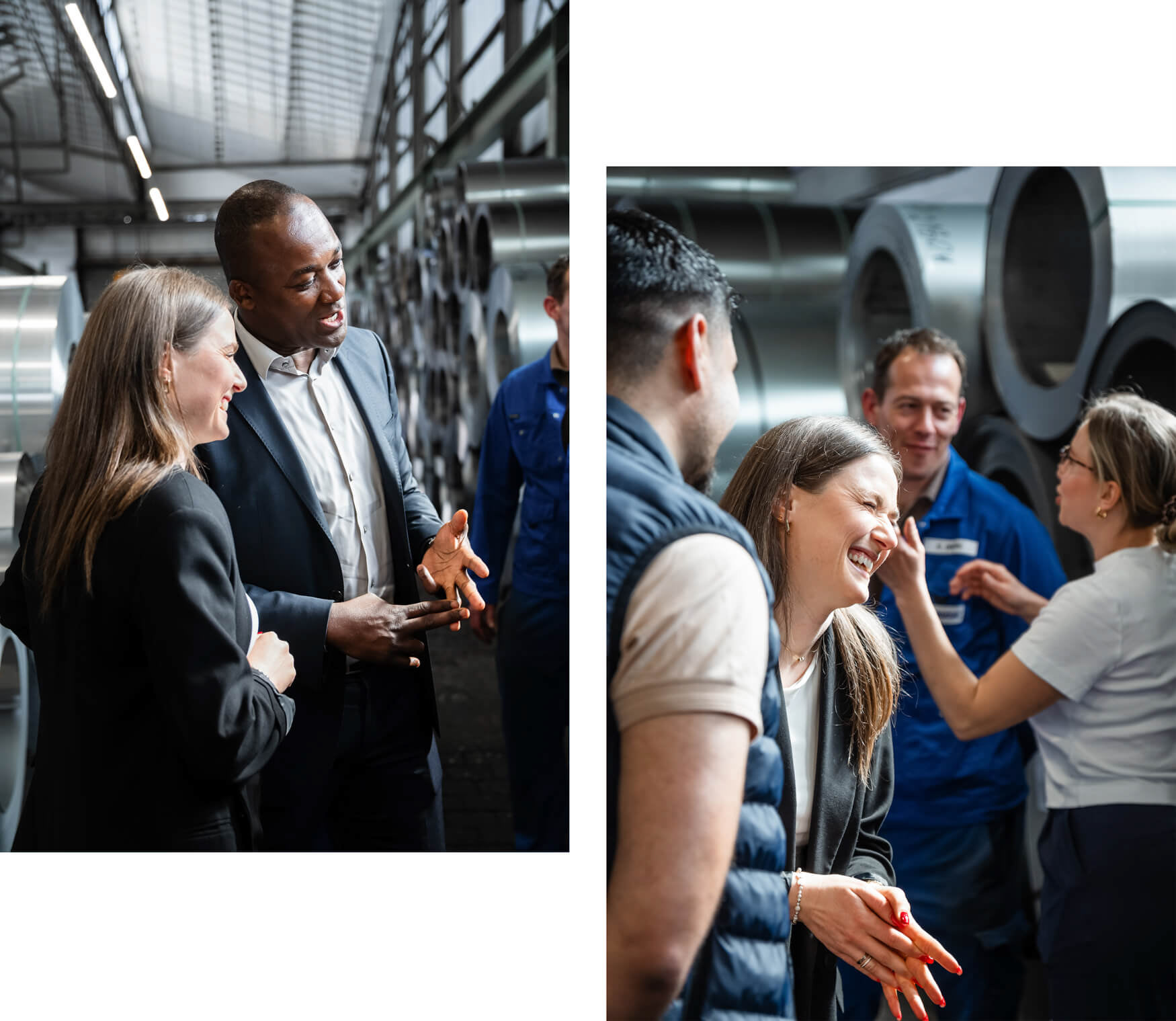 Beispiel echter Fotos von Philipp Eigner. Echte Personen während eines herzlichen Gesprächs in einer Industriehalle