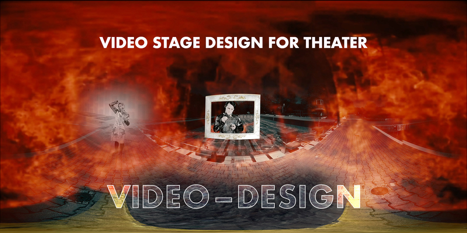 Video stage design by Stefanie Sixt for a theatre production at Staatstheater Augsburg — public swimming pool, apocalyptic inferno and projected actors imagery filling the stage space. Category: Video Stage Design for Theater.