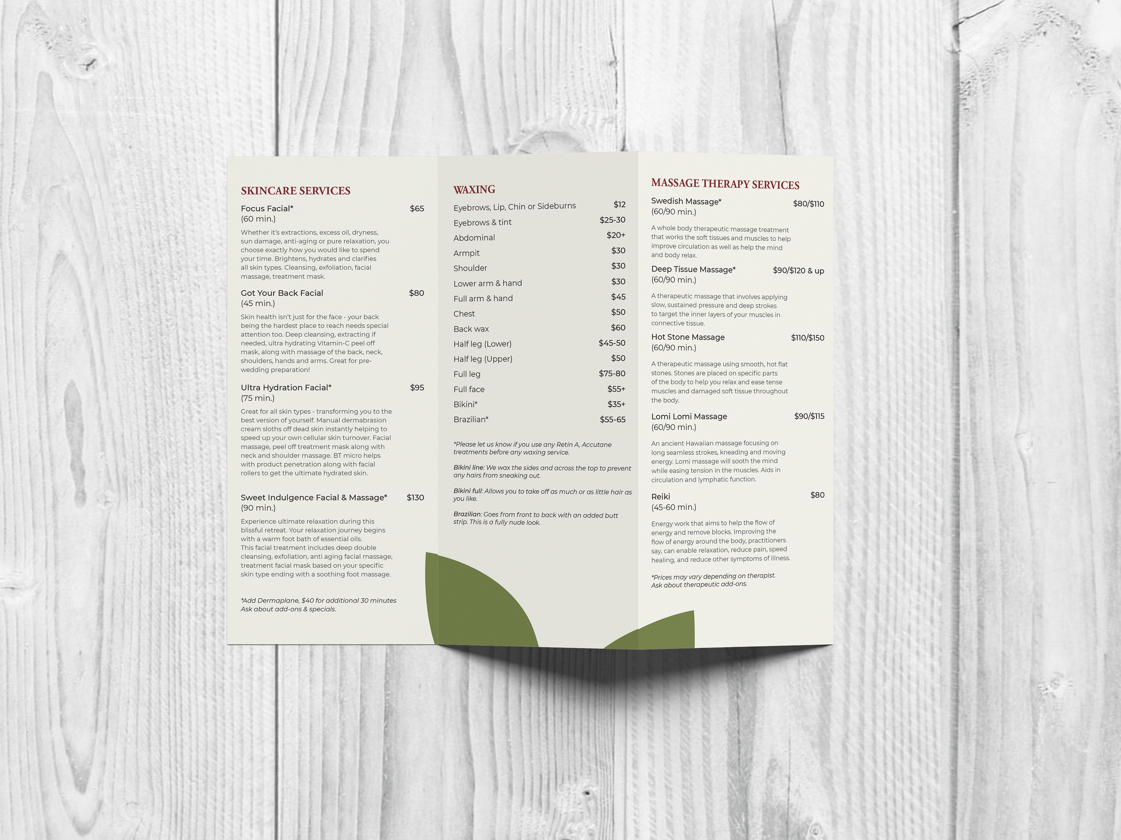 Tri-Fold Services Menu Back