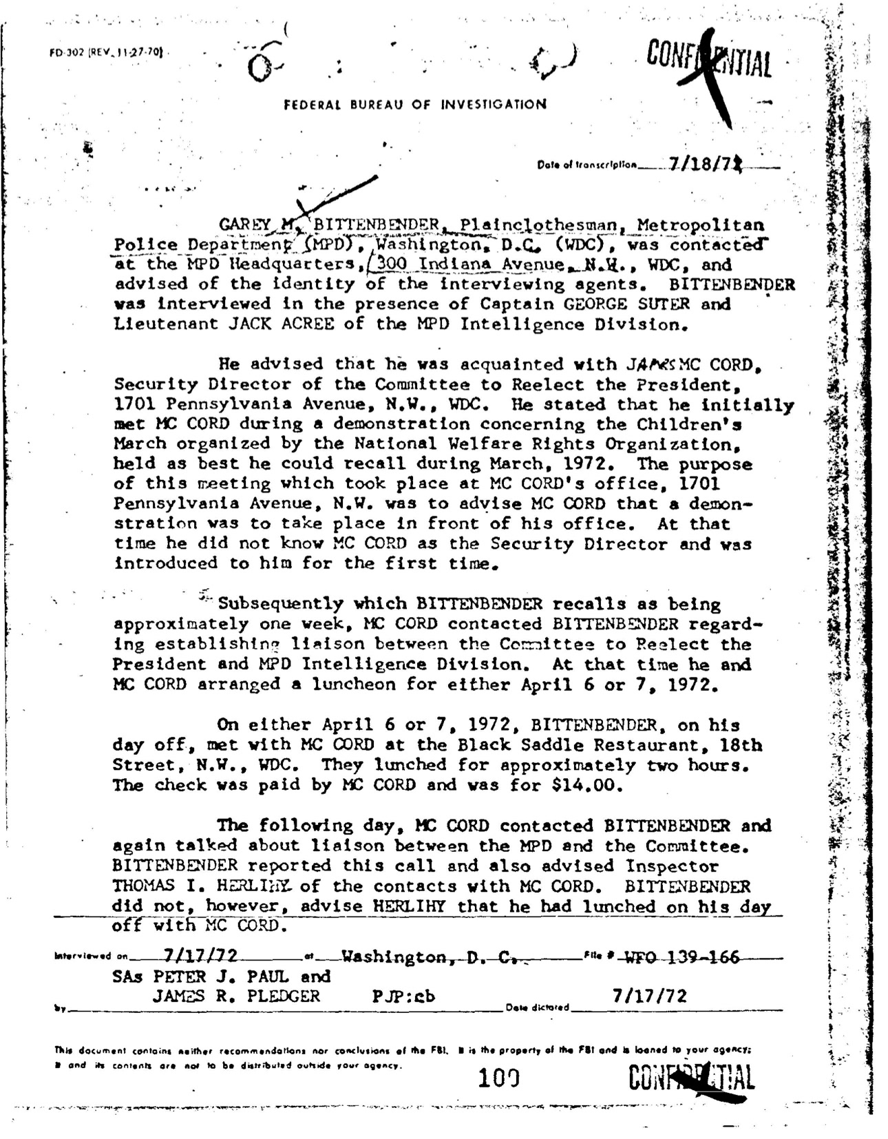 FBI summary of interview with Bittenbender, 17 July 1972