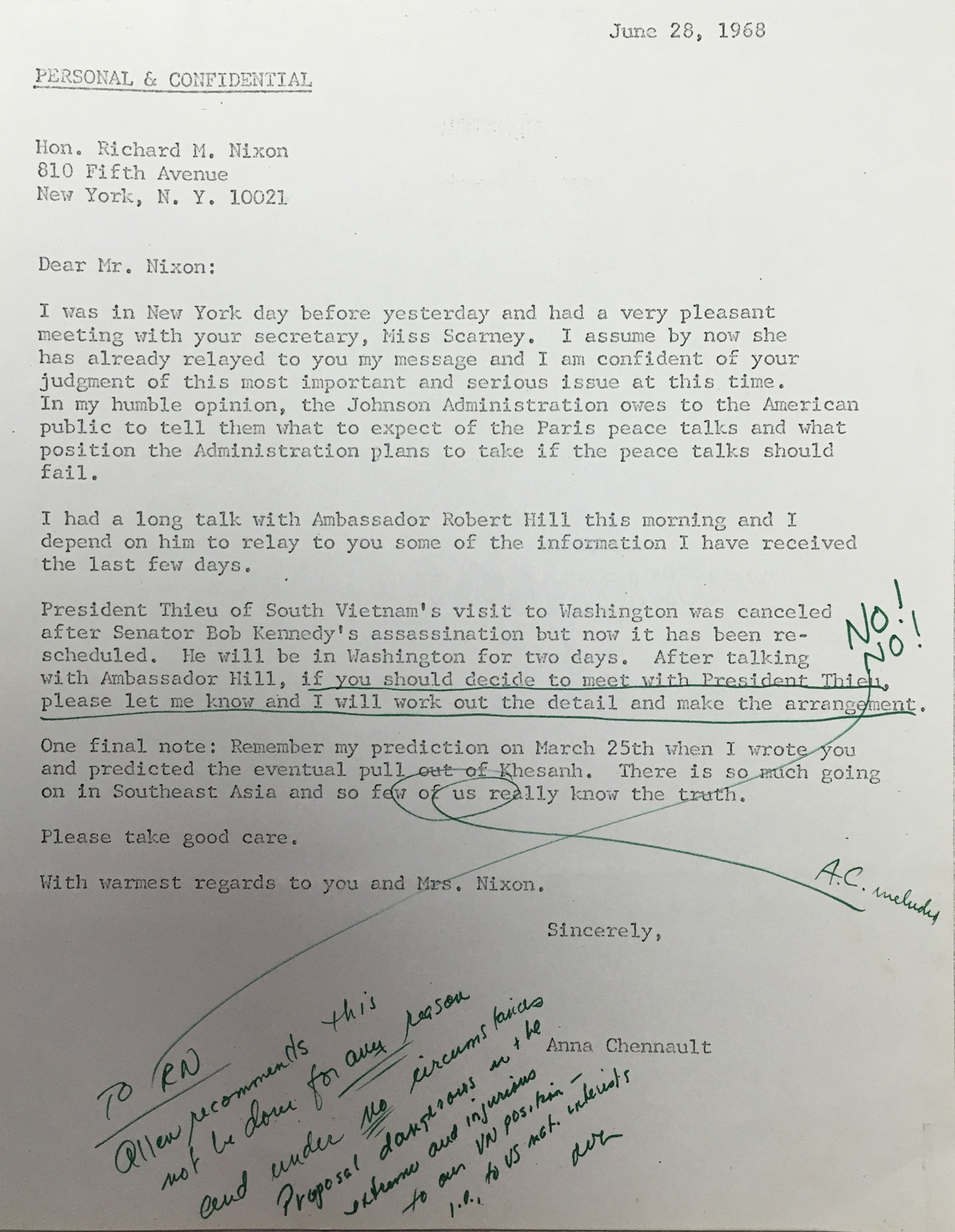 Chennault letter to Nixon, 28 June 1968, with annotations by Richard Allen (Hoover Institution Archives)