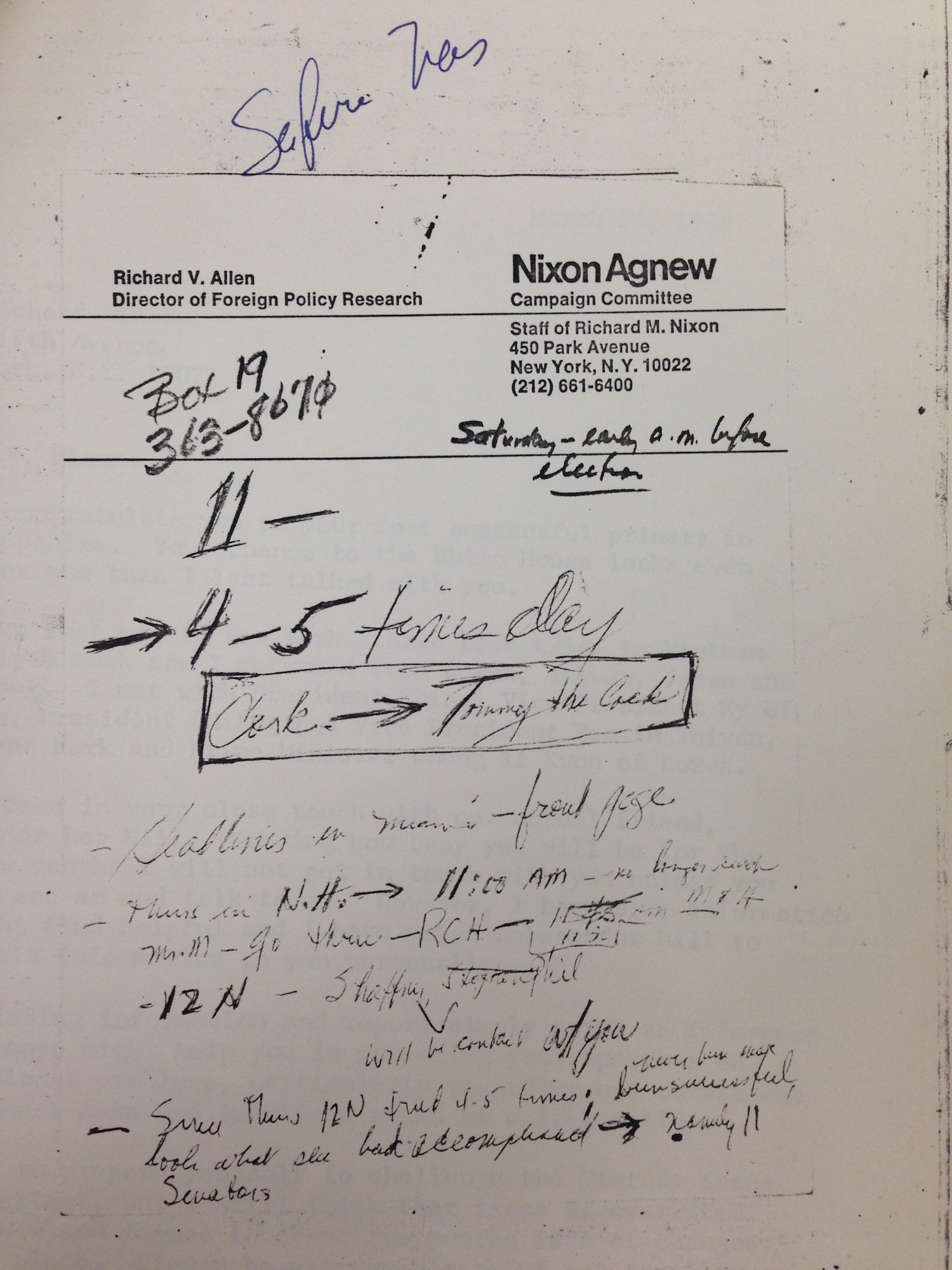 Handwritten notes of Richard Allen, November 2, 1968 (Hoover Institution Archives) 