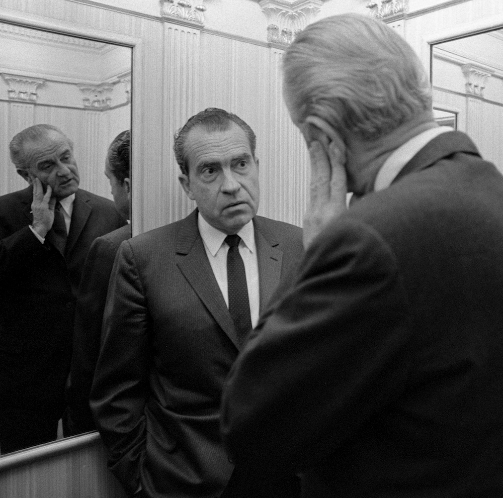 President-Elect Richard Nixon and President Lyndon B. Johnson in a White House elevator, 12 December 1968 (photo by Yoichi Okamoto, LBJ Library)