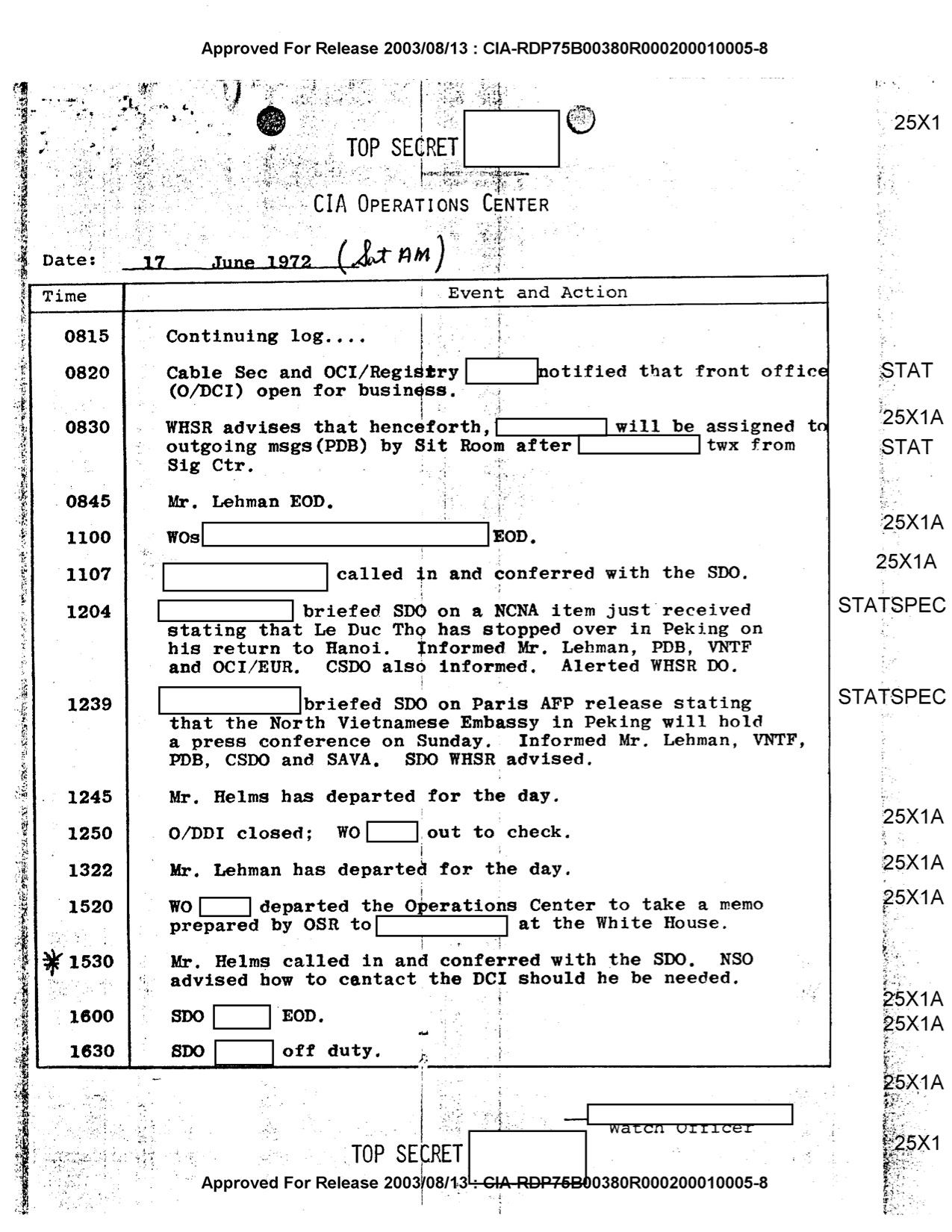 CIA Operations Center log, 17 June 1972