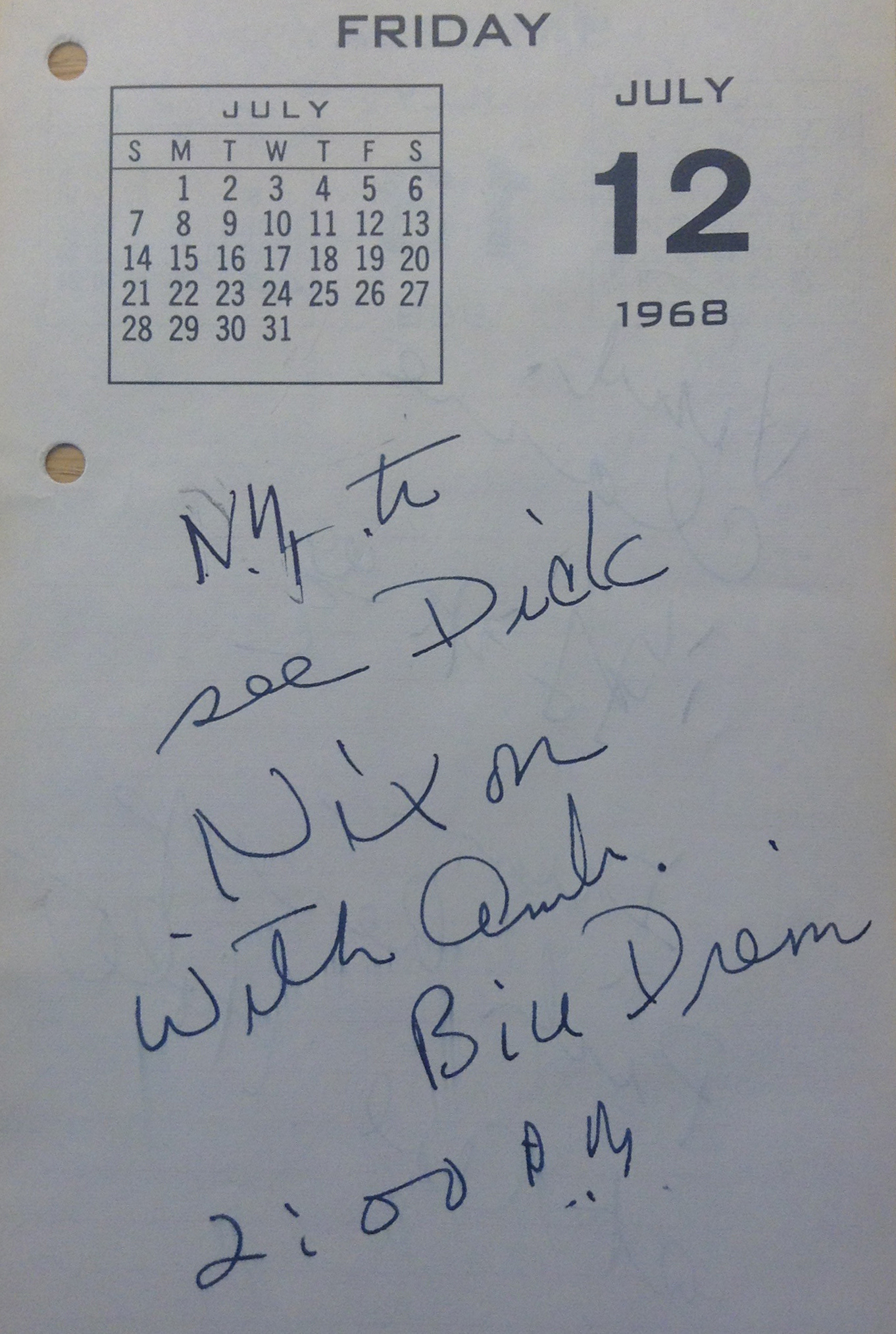 Chennault calendar entry, 12 July 1968 (Schlesinger Library, Radcliffe Institute, Harvard University)
