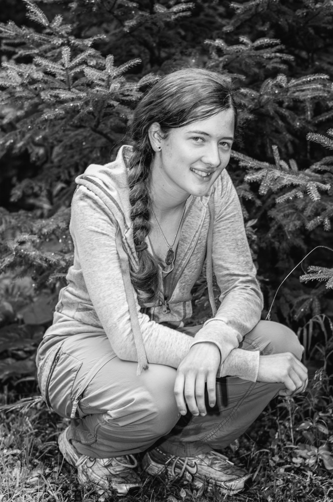 Woman of the Woods - Crouching (B&amp;W): I really struggled with this portrait series, as Elsa is much more at home in the woods than in front of the camera. I decided to embrace that aspect, and re-edited these to be monochrome to highlight that rugged quality.
