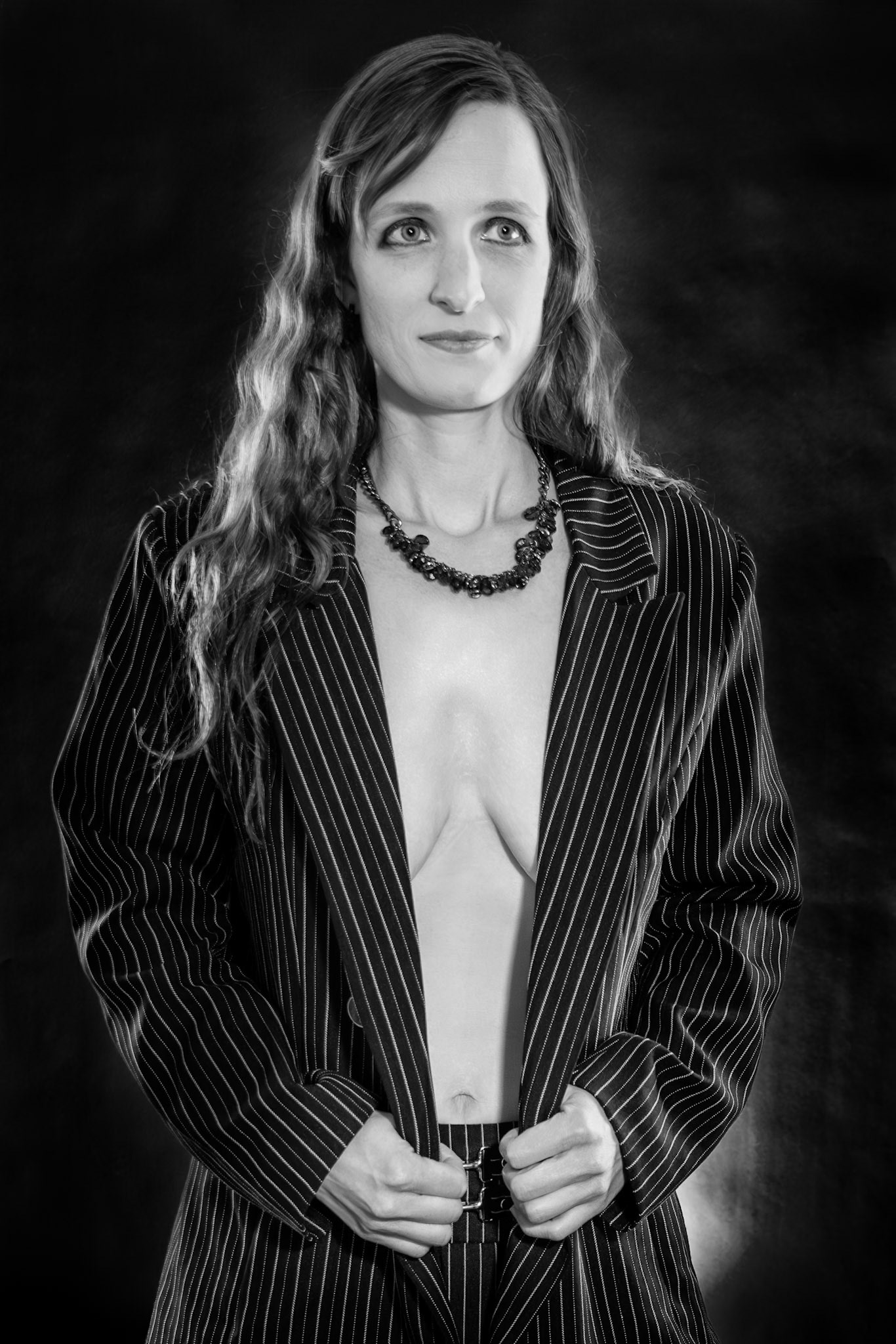 Short Skirt and a Long Jacket - Jacket Hold (B&amp;W): Cake themed shoot today, lit by the sides by Godox AD200 pros in 30x120 softboxes with yellow gel. Backlight lit by V1 with a blue gel. Main flash also a V1 with a grid and white cloth softener.