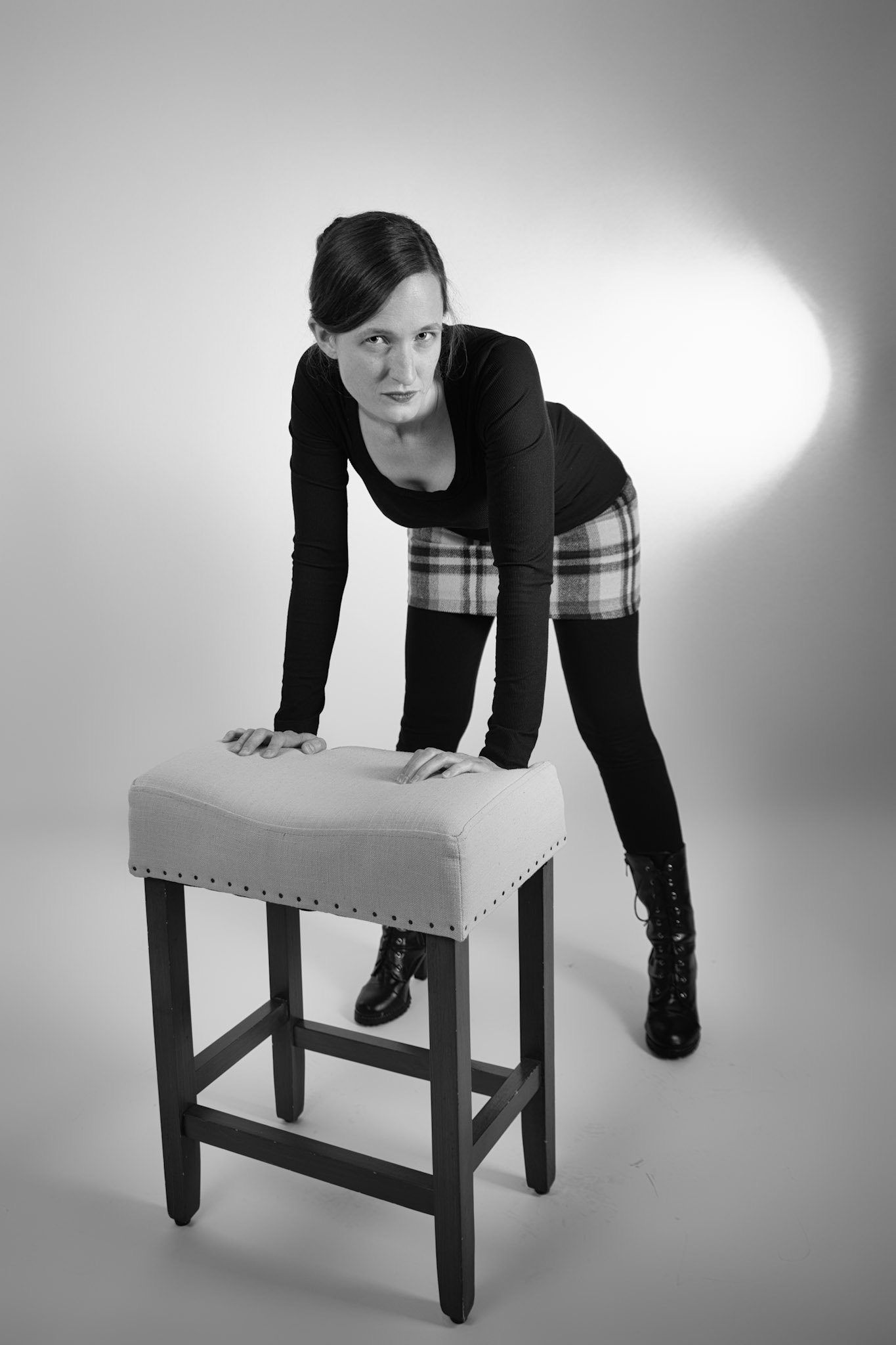 Black and Tan - Spotlight (B&amp;W): Godox V1 front left w/ white umbrella, front right in 30x120 softbox. Godox AD200 behind white seamless backdrop.