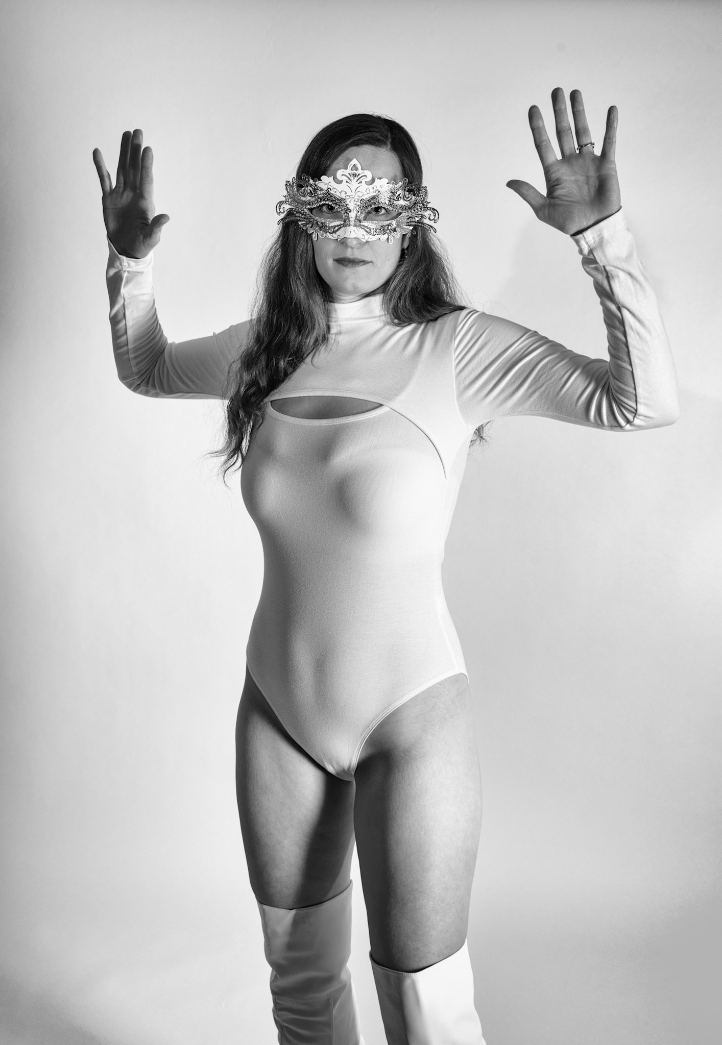 Super Heroine - Please Don't Hurt Me: Trying out a basic superheroine costume. Godox v1 w/ snoot for face, v1 w/ 30x120cm for general, and AD200 w/ red gel for backdrop.