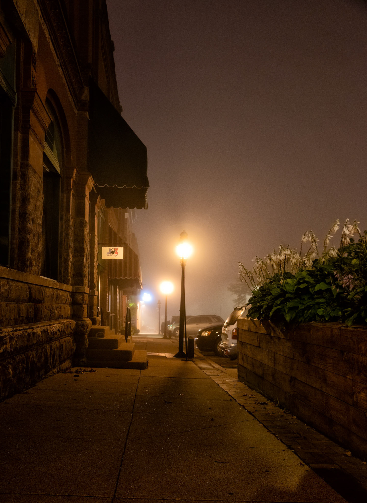 Foggy Alley: On my way back to the car, the streetlights of the alley caught my eye.