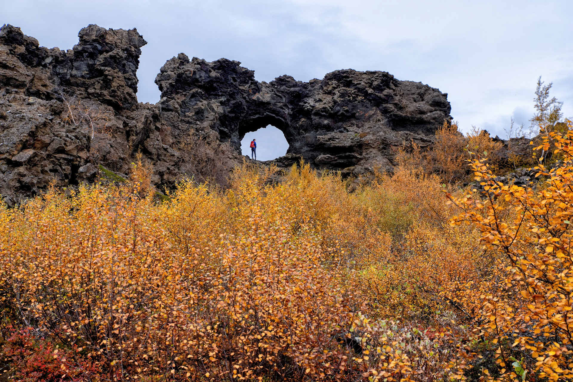 The formation of these extraordinary lava cliffs and pillars stems from molten lava flowing over a pond in the eruption of Lúdentaborgir and Þrengslaborgir some 2300 years ago. The molten lava trapped the water underneath and steam issued through vents in the lava and formed these pillars, which then remained standing even after the pond and the crust around them had disappeared.