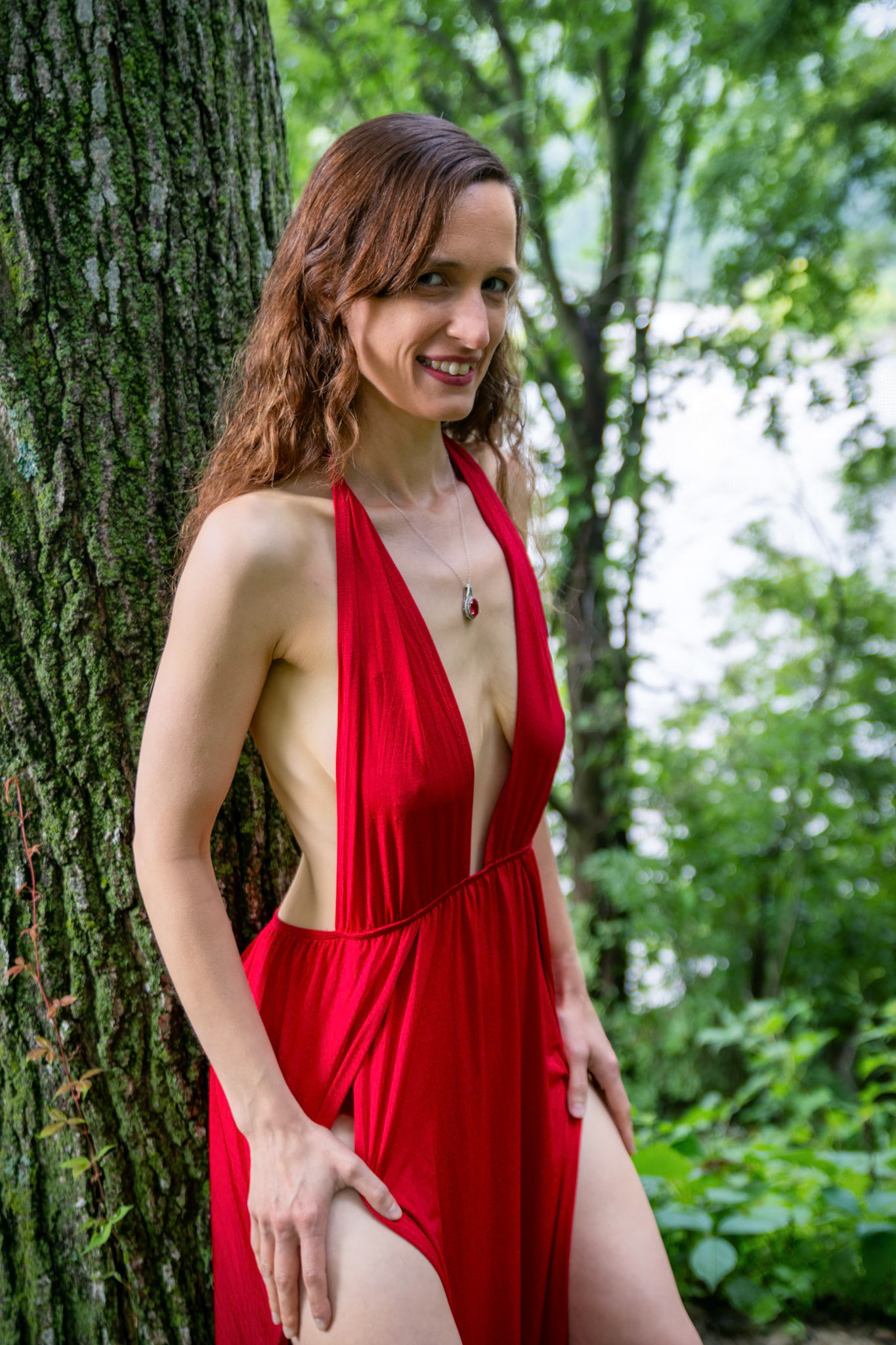 Serene Nature and Red: Tree Lean - Since getting this dress, I had a series of shots in mind at a nearby state park. We had a chance in the morning to try out a few of them.