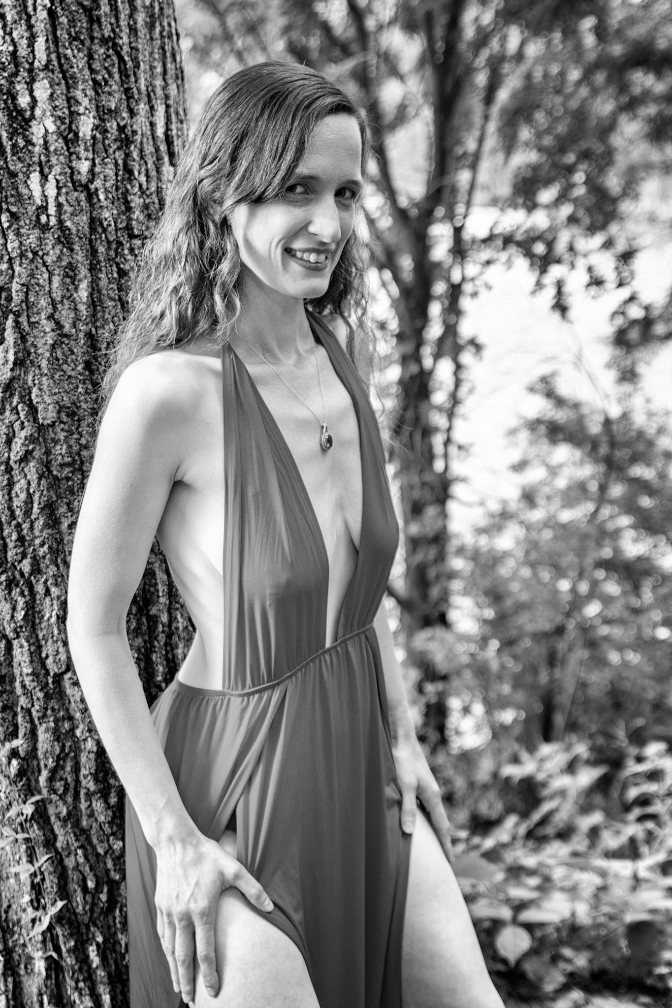 Serene Nature and Red: Tree Lean (B&amp;W) - Since getting this dress, I had a series of shots in mind at a nearby state park. We had a chance in the morning to try out a few of them.