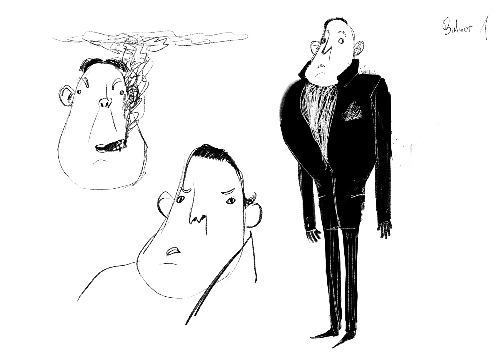 Early sketches for the side characters Dr. Bulwer and Knock