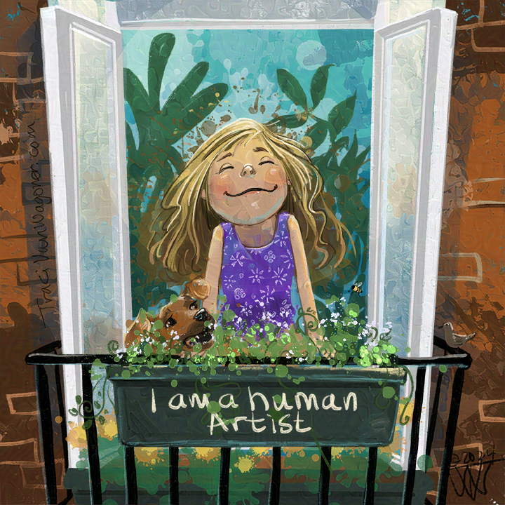 A happy girl enjoys the open air with her dog in an open window and a flower box in front with the handwritten words I am a human Artist
