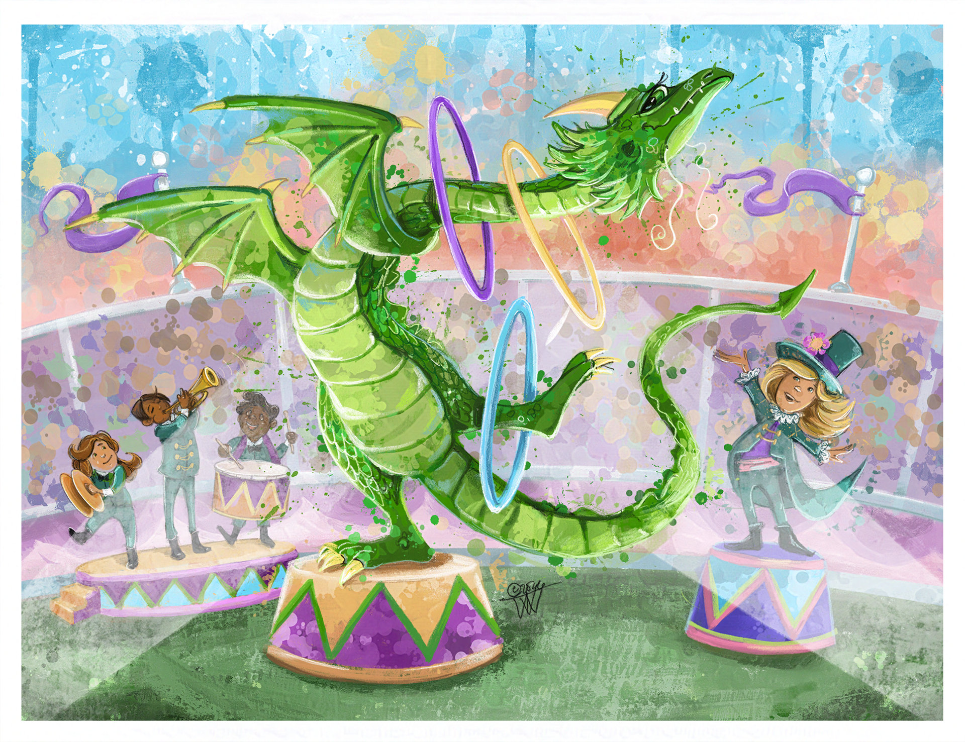A geren dragon twirls thre hoops on her neck and leg in a show ring with a blond girl in teal ring master on the righ and a band of three diverse kids on the left with cymbals, a trumpet, and a drum