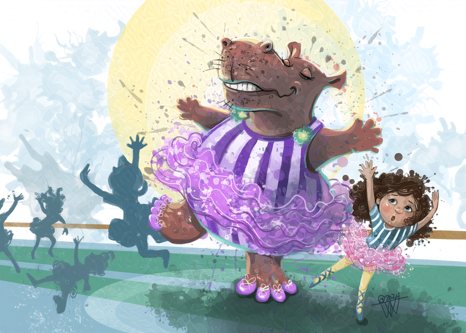A cute hippo ballerina in a purple and white striped leoard and pink tutu with pink toe shoes on each toe dances with other kids, knocking htem over