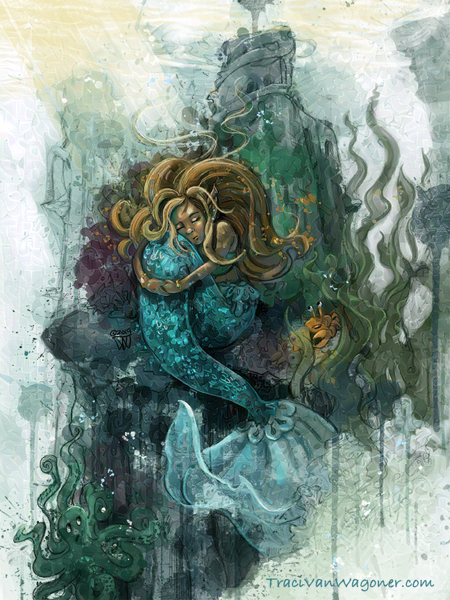 A sad mermaid sits alone hugging her tail in a splatter paint style