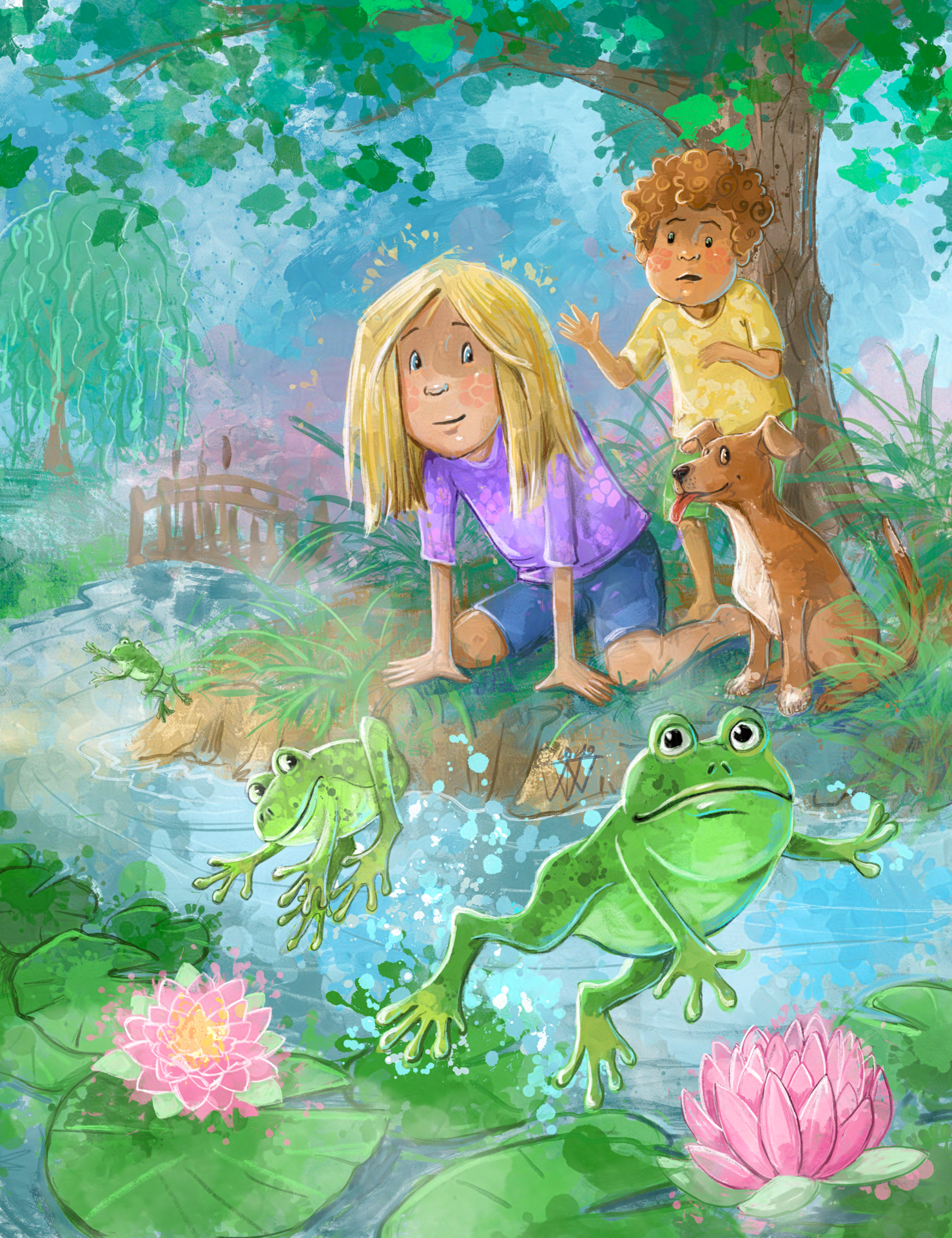 Watercolor style art of frogs leaping over lily pads with pink water lillies in a stream with a girl kneeling in the grass watching bemused with a cute brown and white dog next to her and a cousin behind in the shade of a big tree. In the background is a bridge and a willow tree.