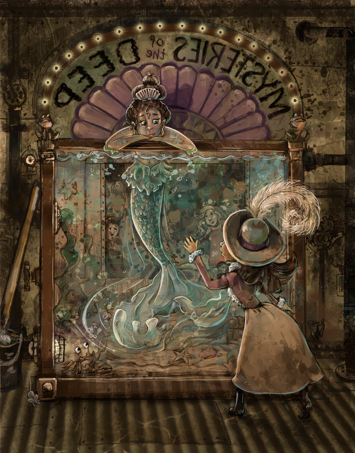 A mermaid in a steam punk kind of tank behind the scenes with a girl looking on and an audience watching from the flip side.
