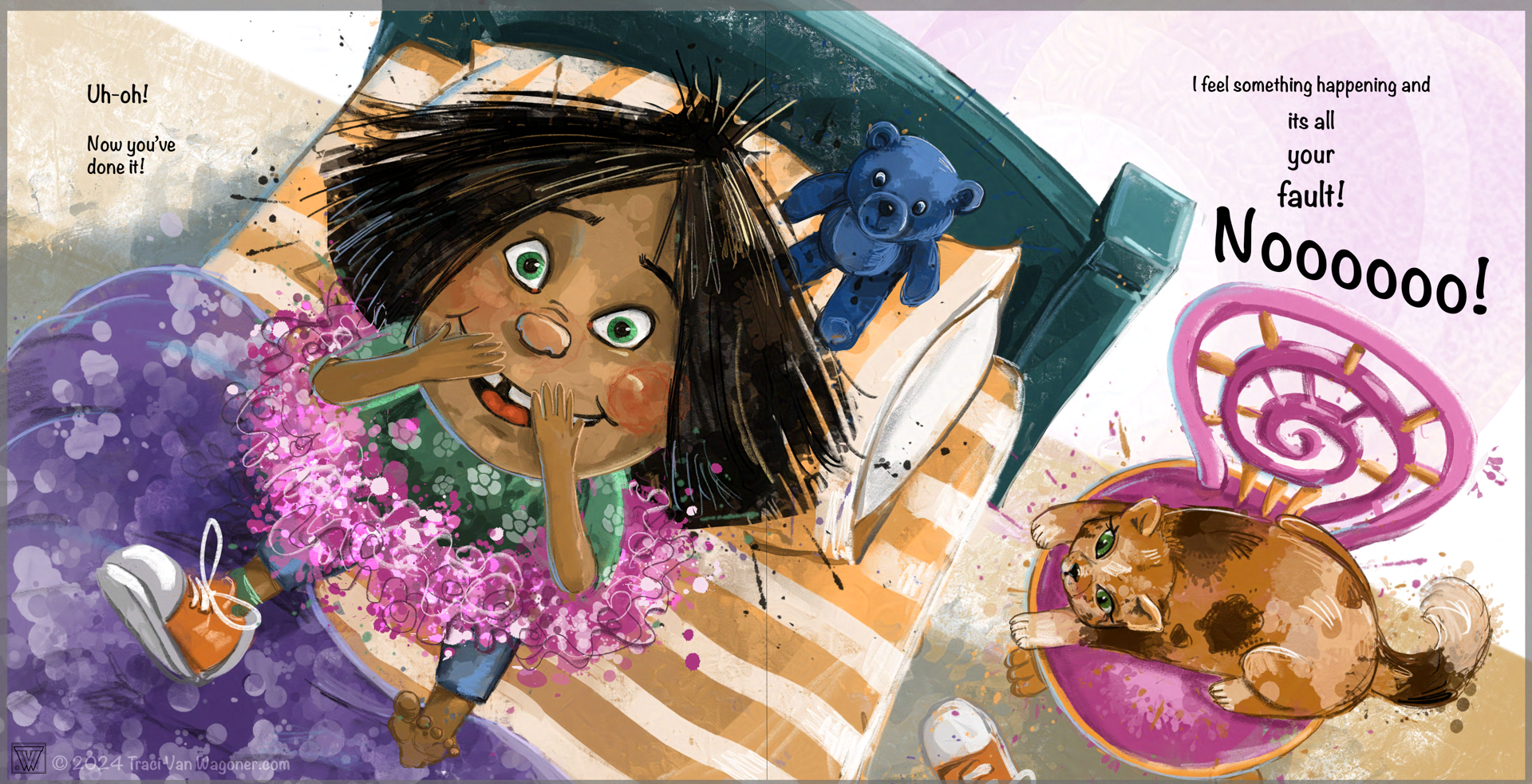 Children's book art from a high point of view looking down at a girl looking back up while sitting on her unmade bed with a purple quilt and yellow/white striped sheet. She's trying not to smile or laugh. Her cat lays on a pink swirly chair to the left of hte bed, and a blue teddy bear sits on a pillow behind her.