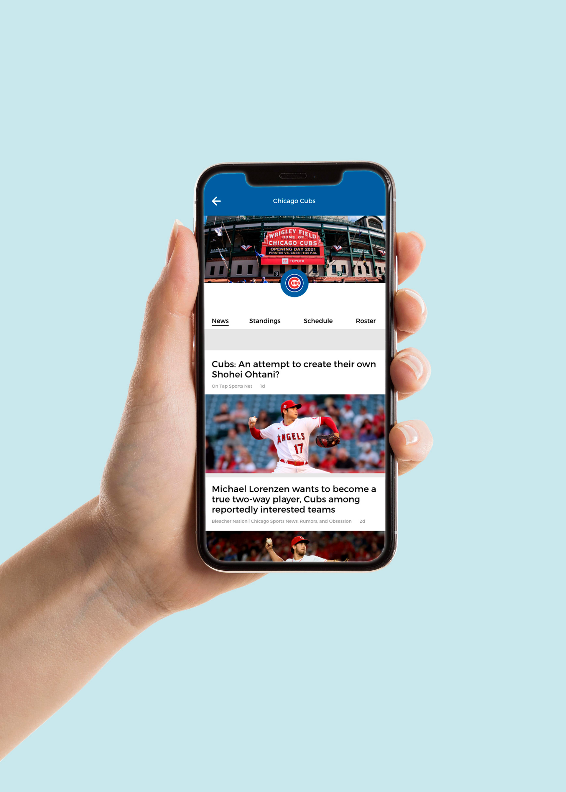 A screen showing what happens when a user clicks into a specific sports team, with the example being the Chicago Cubs. The main color changes to reflect that team's specific colors.