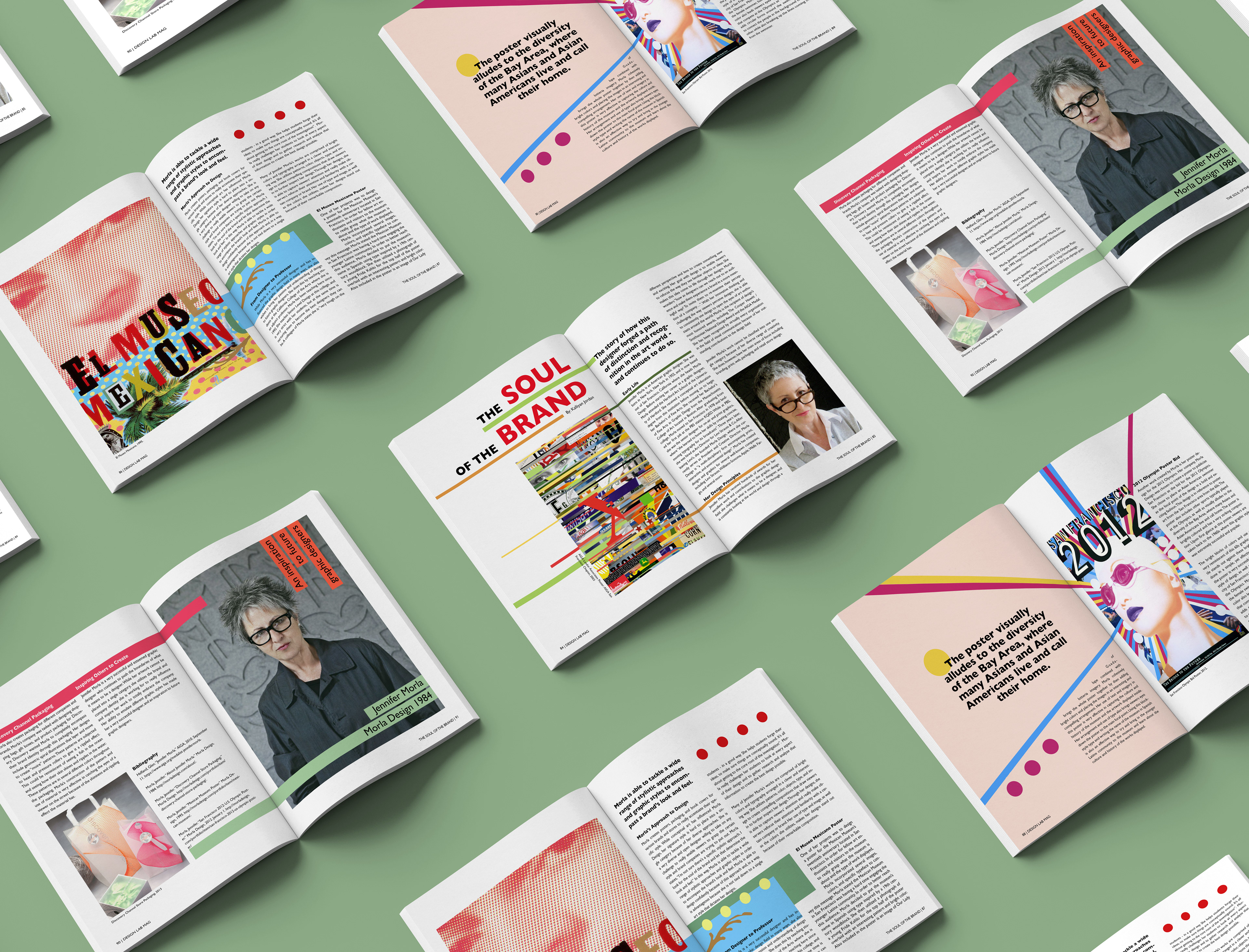 A layout of all the magazine spreads, with the first page placed in the middle.