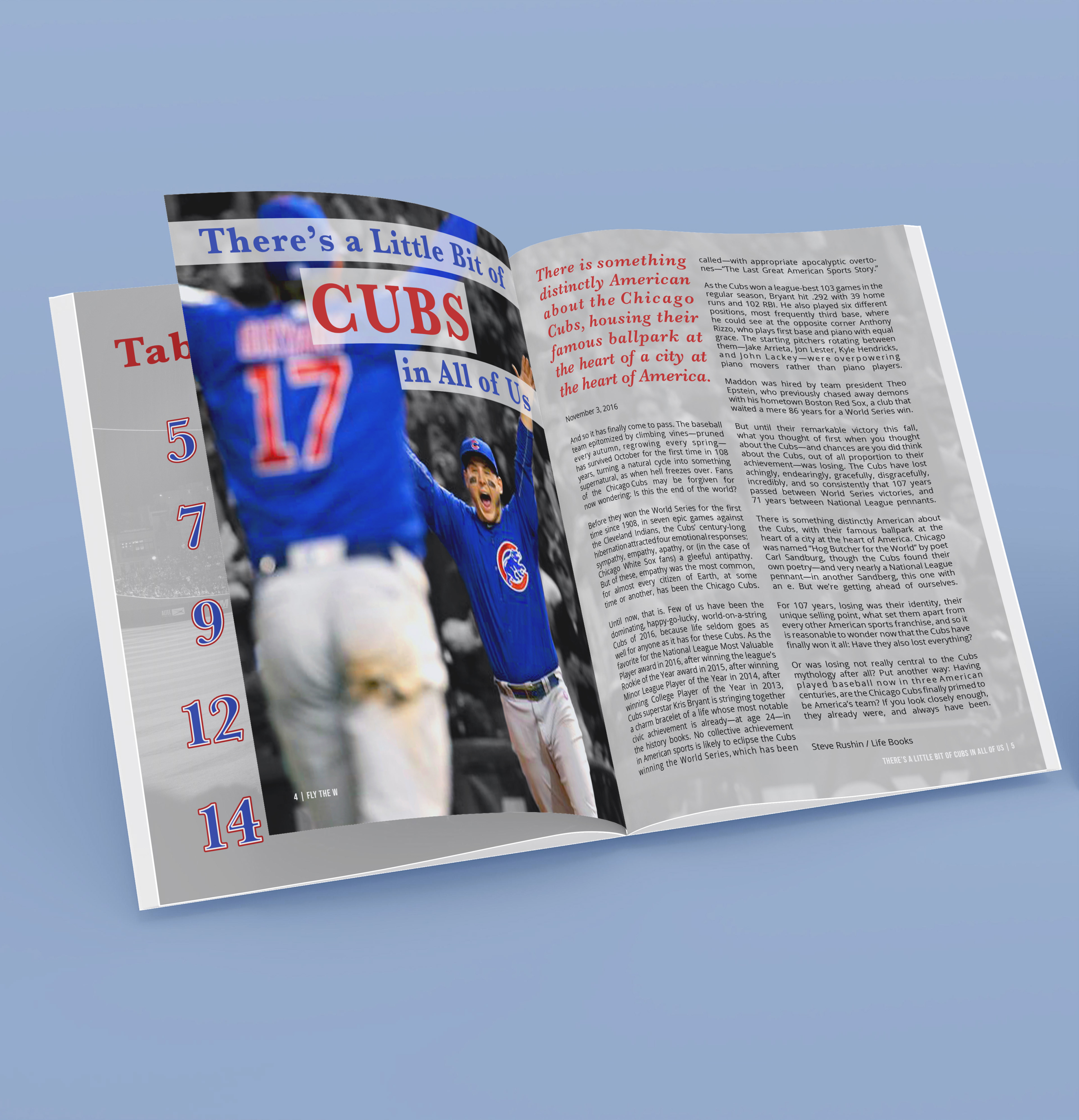 The article spread featuring Anthony Rizzo and Kris Bryant celebrating their World Series win.