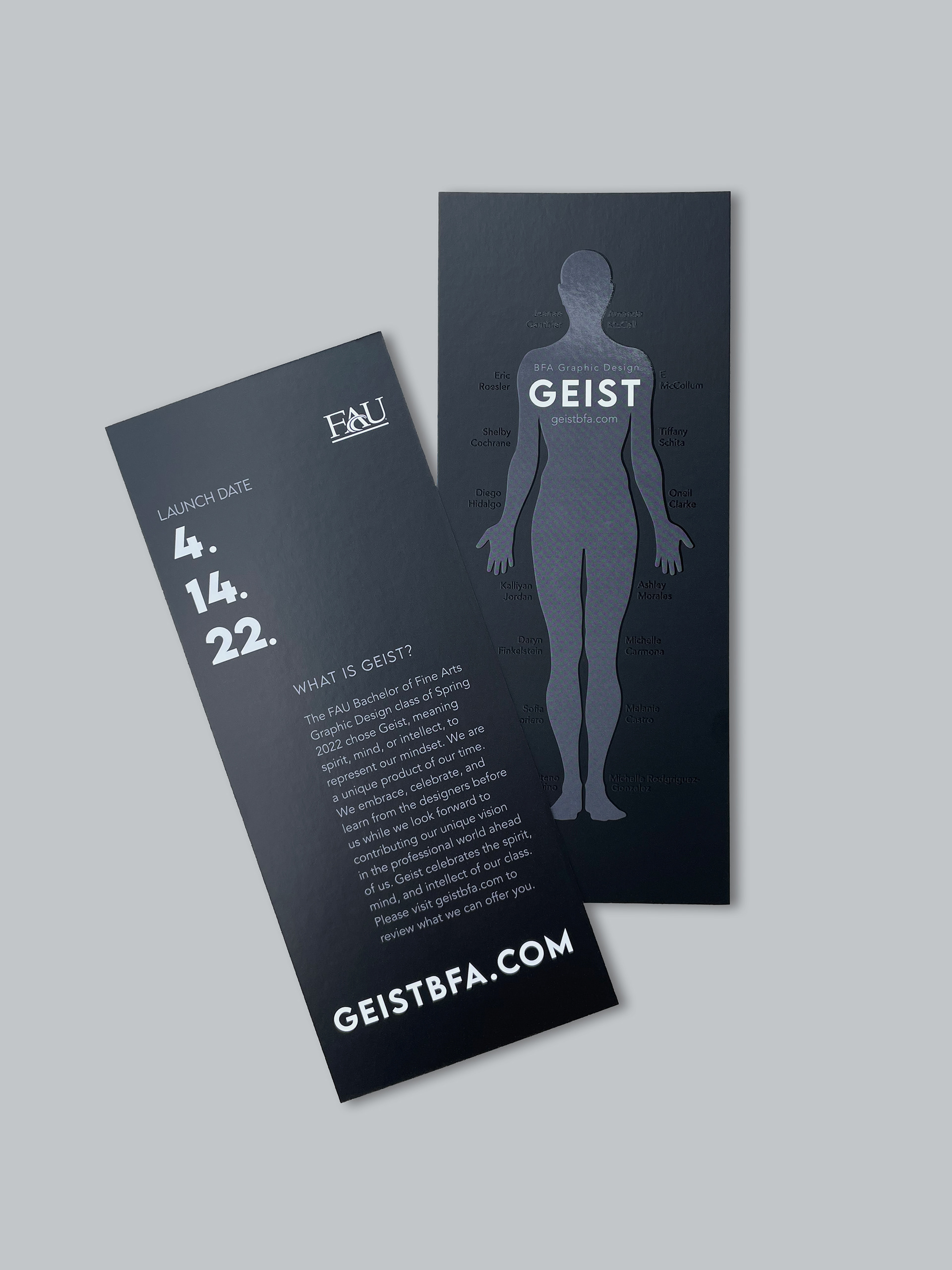 A front and back view of the invitation, showcasing the spot gloss finish on the front.
