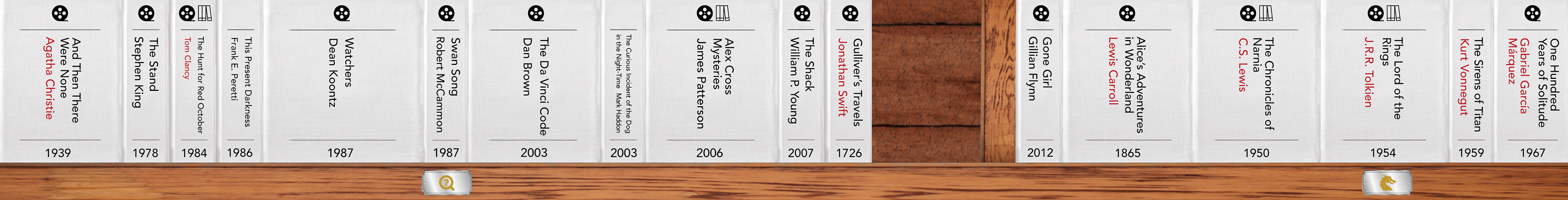 A zoomed in view of one of the shelves to show how color and icons are used for each book.