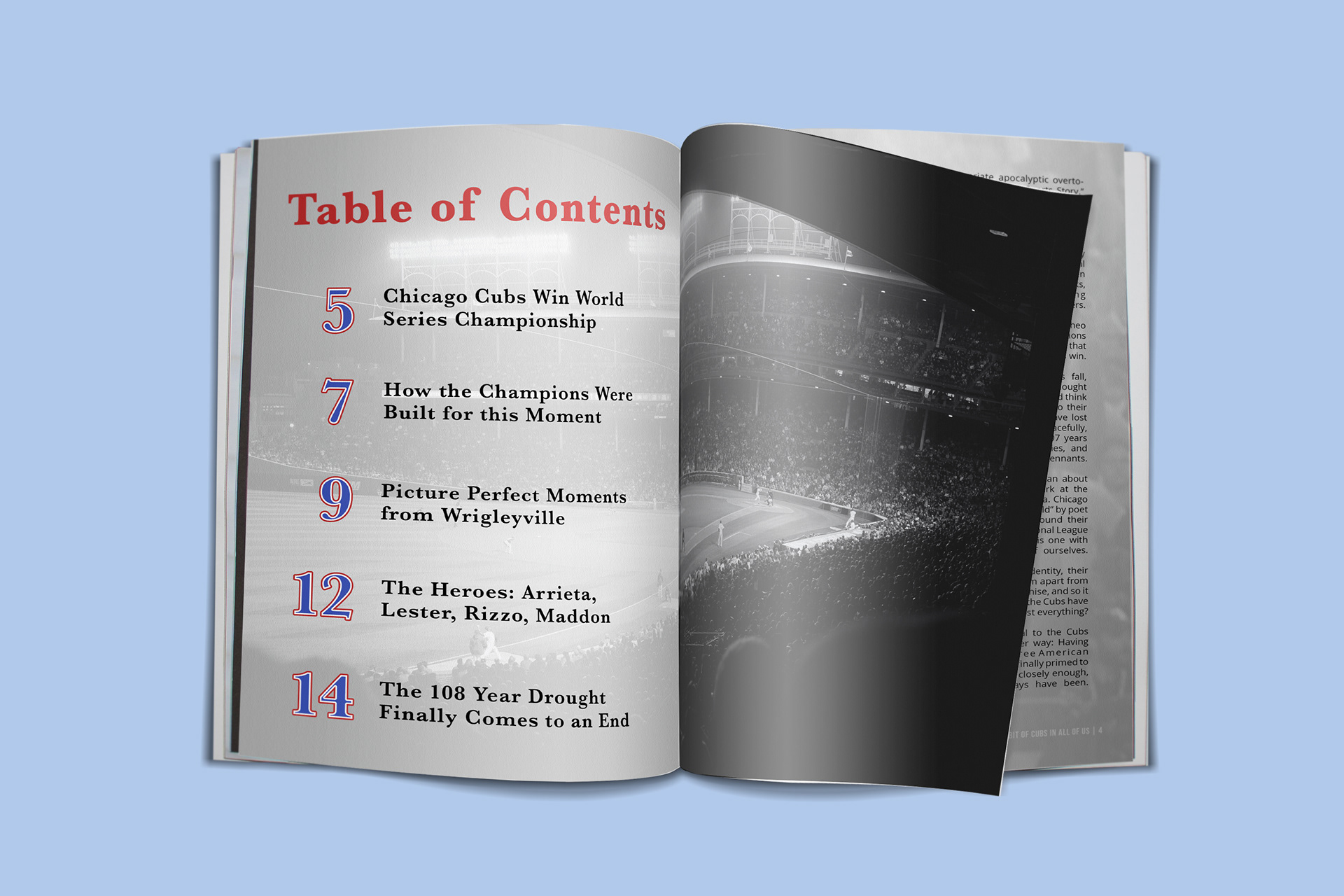 The table of contents spread utilizing the Cubs main colors, with a background of Wrigley Field.