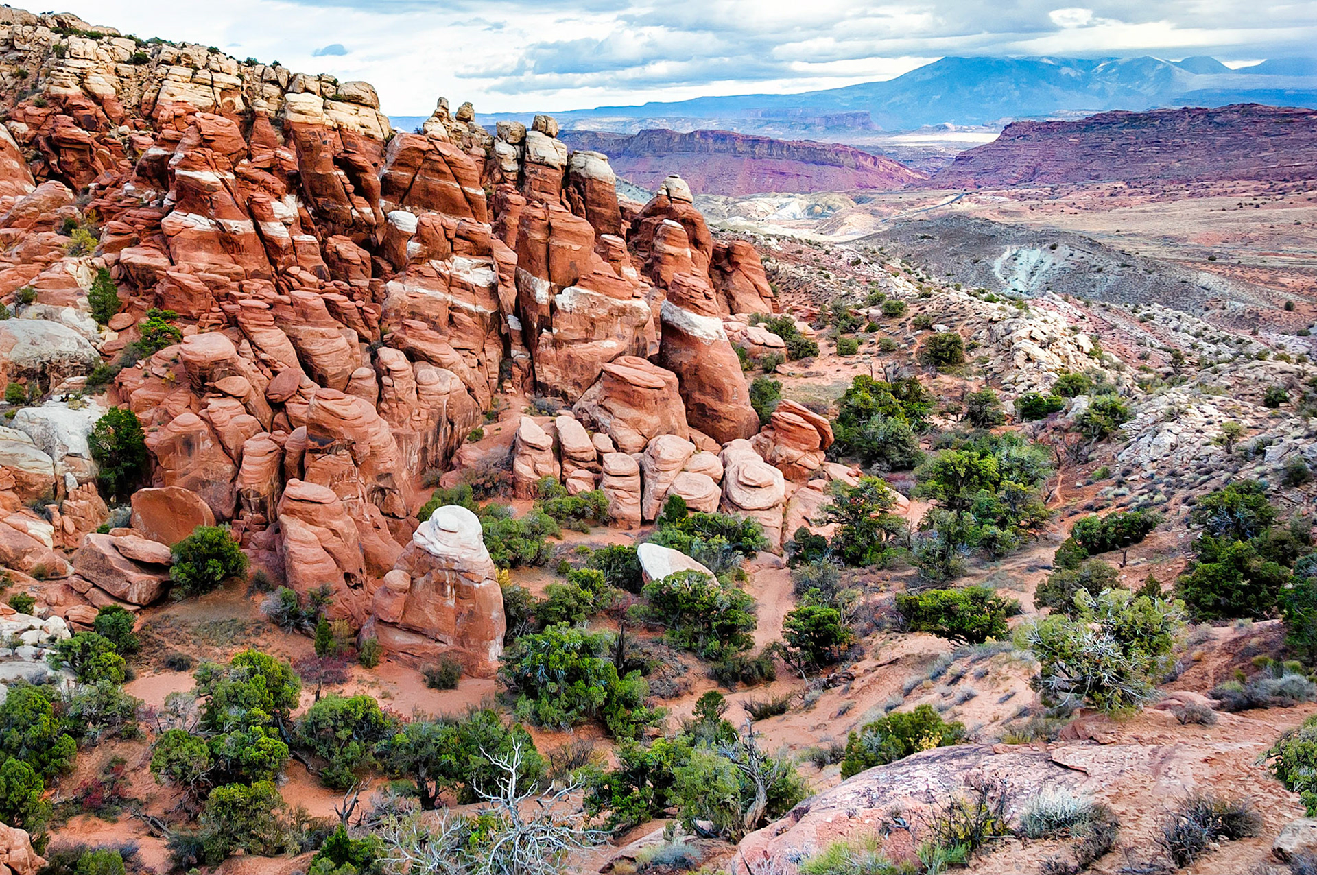 Views from the Fiery Furnace region of Arches National Park, Utah, USA, overlook the Salt Wash and beyond towards the distant, cloud coverd, La Sal Ranges. Juniper pines seek refuge from the harsh desert conditions along a sandy drainage line where at least a little moisture helps them survive.