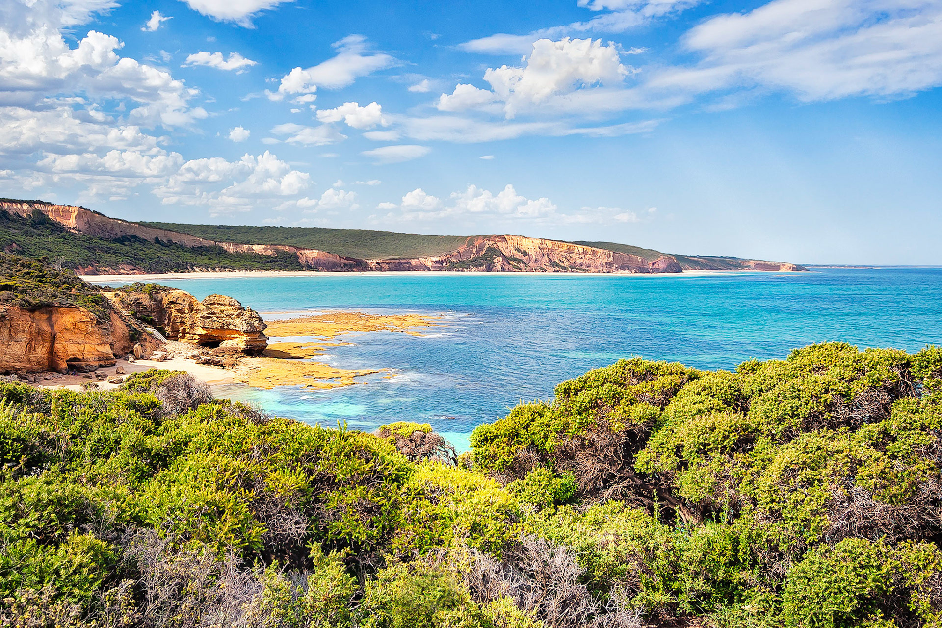 The eroded limestone and sandstone  headlands around Point Addis form a dramatically scenic and rugged coastline near Anglesea on Victoria, Australia's southern coast. The waters surrounding Point Addis are protected and are designated as a National Marine Park.