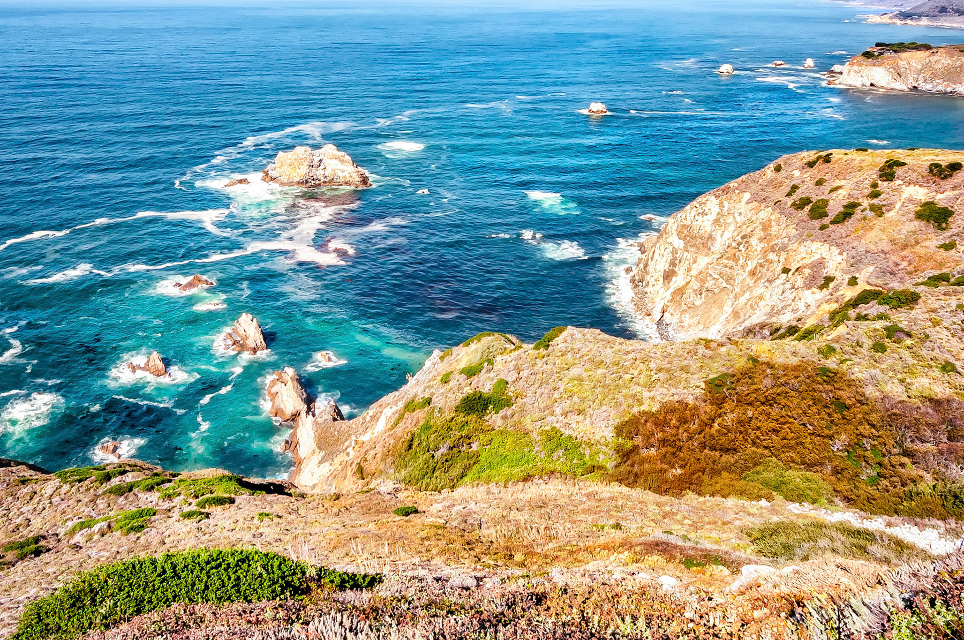 Ocean swells move towards rugged rocky headlands along the Big Sur coast of California, USA. Beds of kelp cast shadows in the shallow waters as their fronds are moved by ocean currents.