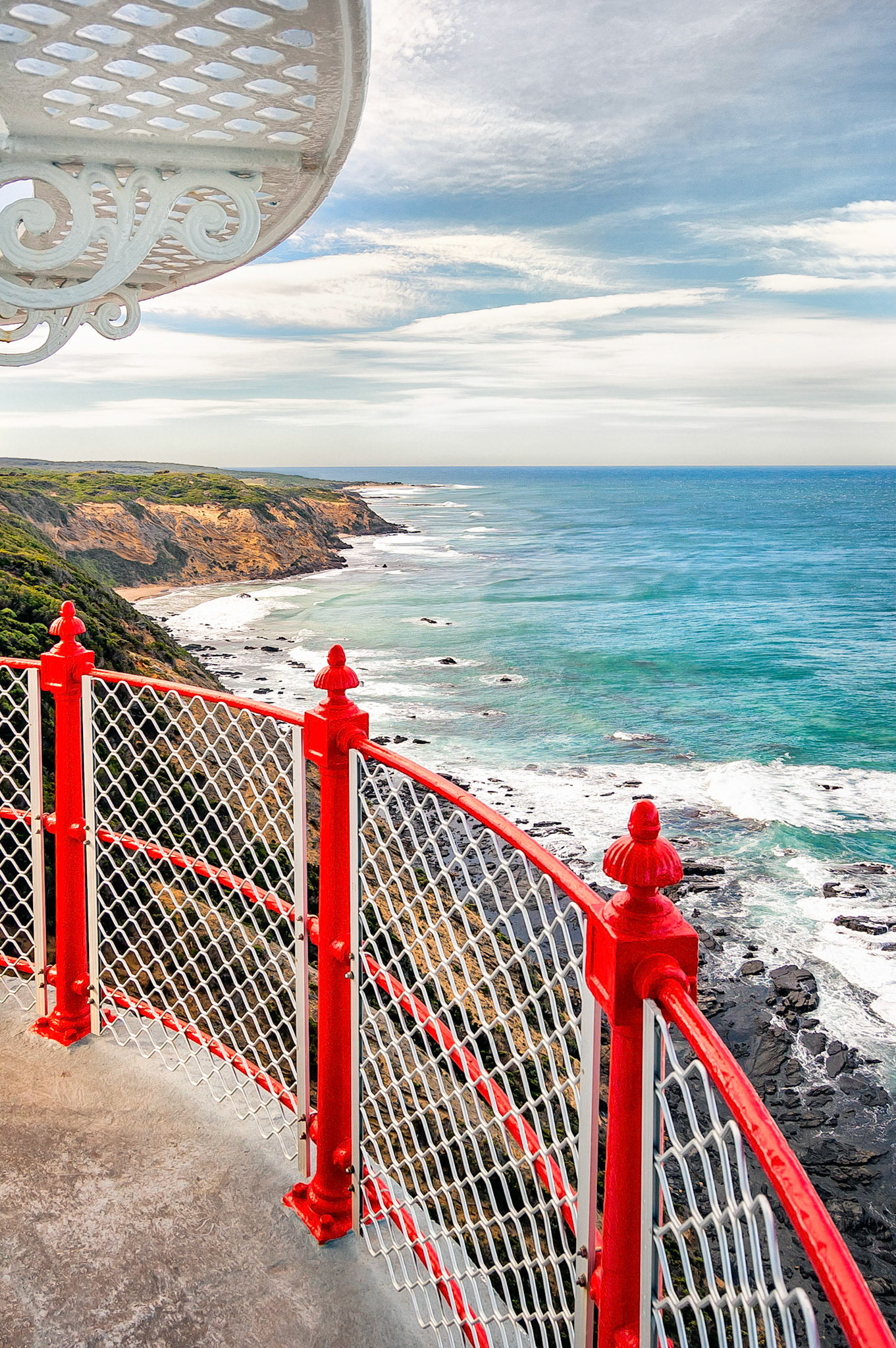 Overlooking cliffs on the Cape Otway headland from the balcony of the lightstation. Cape Otway is the site of many shipwrecks that claimed hundreds of lives over the years before the Cape Otway Lightstation became operational in 1848. Cape Otway marks the western edge of Bass Strait, the notoriously stormy seaway separating Australia's mainland from her island State of Tasmania.